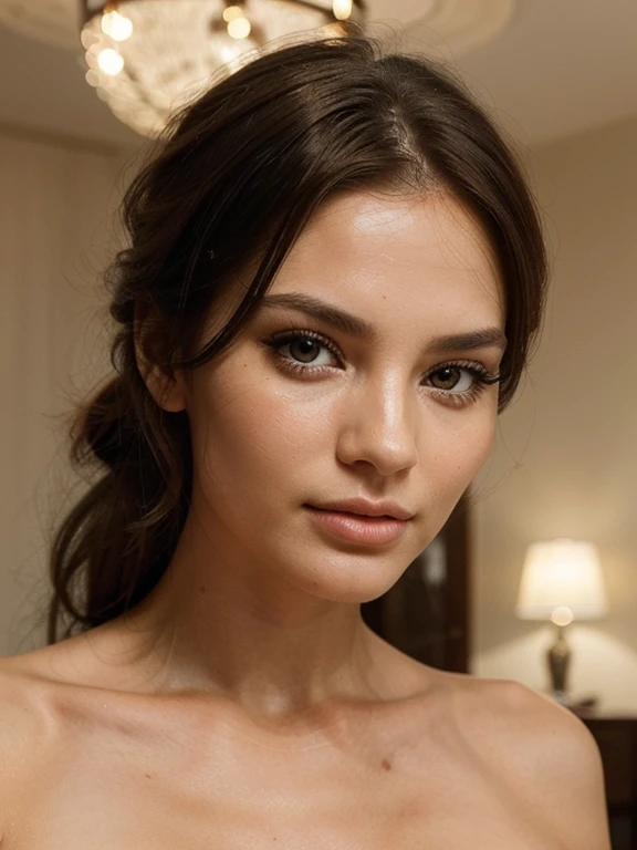 Generate an image of an ultra-realistic female face with the following characteristics: The woman is facing the camera, not wearing makeup, the eyelashes are short or not visible, the skin exhibits ultra-realistic textures, including pores and natural imperfections, the hair is styled so as not to cover the face or forehead, the lips are closed, with a serious expression, the woman has distinct and elegant facial features typical of a supermodel. The image should be a reference photo of a face and convey a sense of realism and natural beauty, highlighting the model's striking presence without the use of makeup or false eyelashes