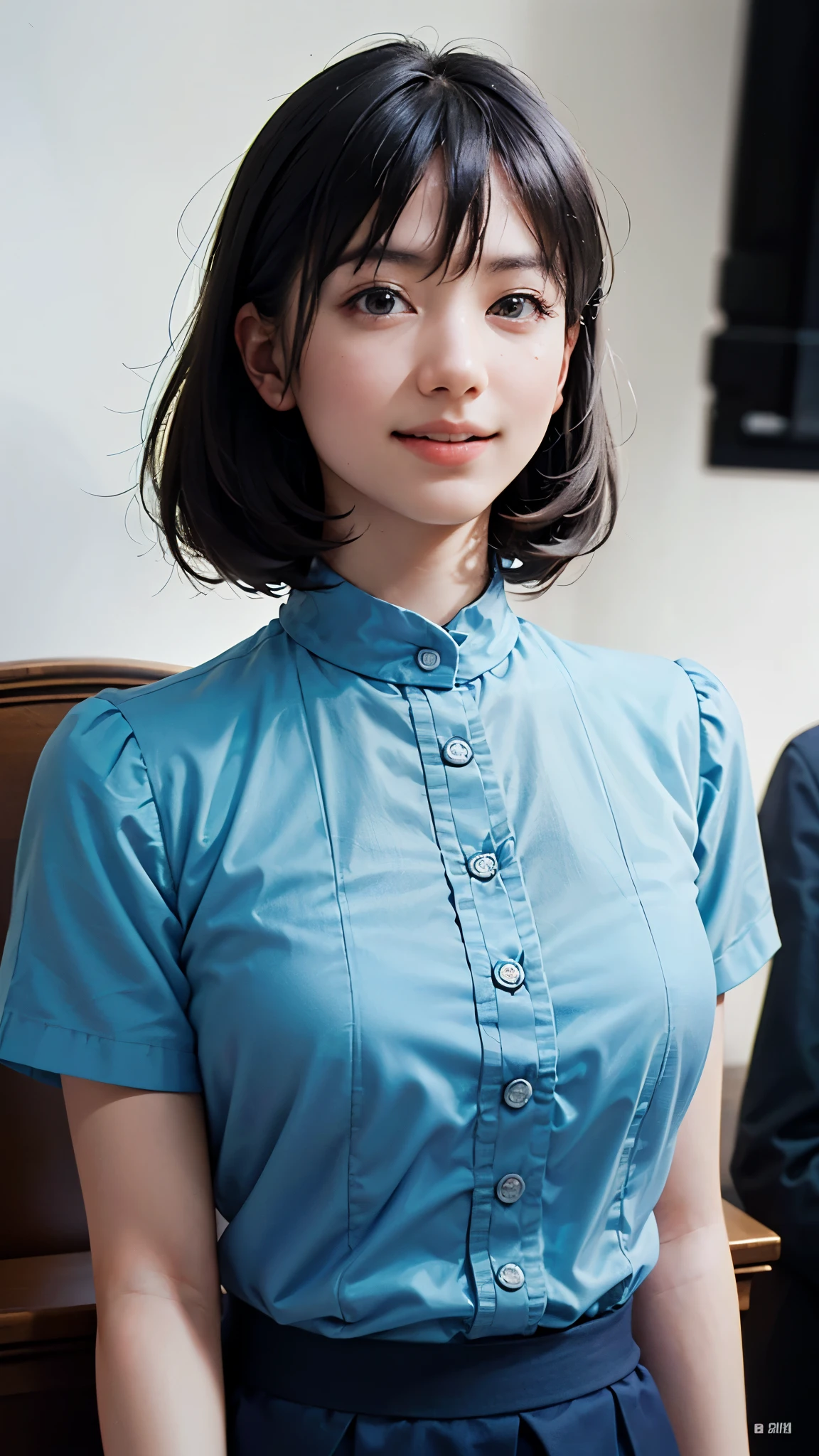 "(highest quality,8k,High resolution,masterpiece:1.2),Very detailed,(Realistic,photoRealistic,photo-Realistic:1.37),(Realistic:1.37),One beautiful woman、short hair,Deep black eyes,21 years old,Light Brown Hair,Blue clothes,Blue uniform,Moderate:Oil,Portrait of a Woman,smile,Vibrant colors,Soft lighting,Studio settings,Fine brushwork,White skin,Gentle expression,Subtle highlights,Thin hair bundle,A confident gaze,Classic black and white palette,Dramatic contrast,Bold composition,Mystery hint,Refined elegance,Professional Poses,Graceful posture,Perfect detail,Smooth skin texture,Perfect symmetry,The beauty of film: a mysterious smile,Sublime Art