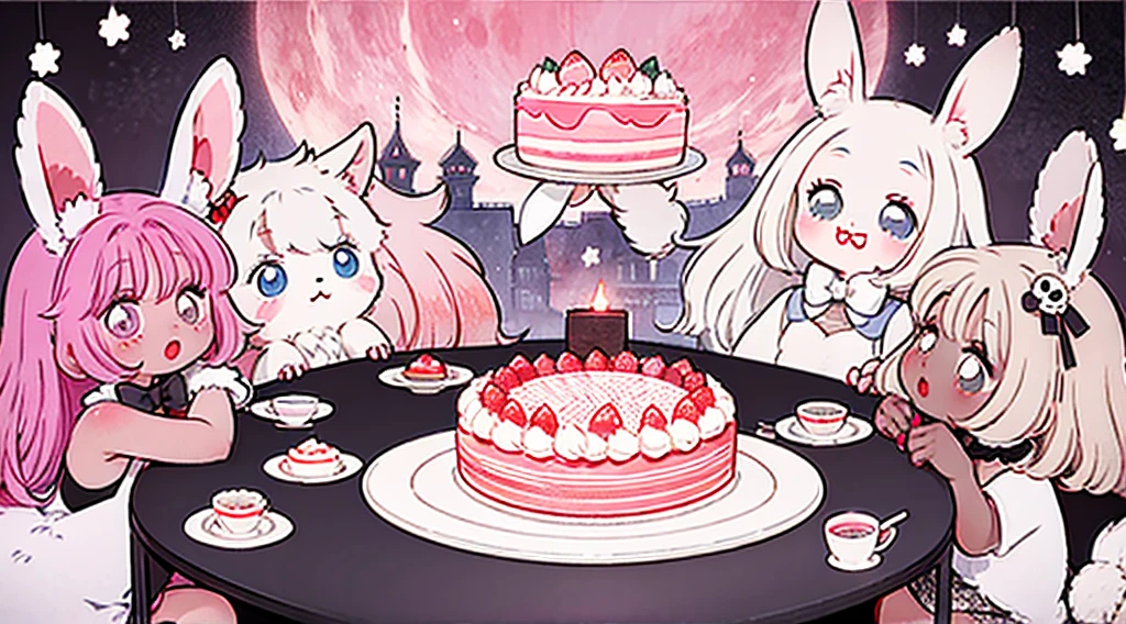 official art, unity 8k wallpaper, ultra detailed, beautiful and aesthetic, High quality, beautiful, masterpiece, best quality, (zentangle, mandala, tangle, entangle:0.6), flat color, limited palette, low contrast, a cute girl serving cake to demons, pink, bright pastel colors, kawaii, (horror), eerie, rabbit skull, goat skull, in hell, creepy, demons, claws, best lighting