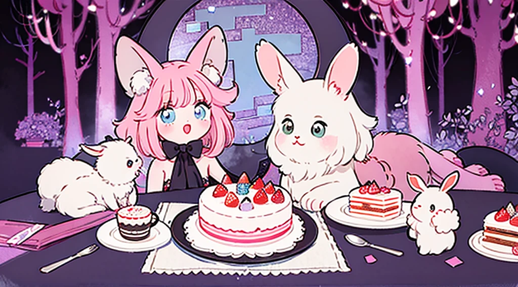 official art, unity 8k wallpaper, ultra detailed, beautiful and aesthetic, High quality, beautiful, masterpiece, best quality, (zentangle, mandala, tangle, entangle:0.6), flat color, limited palette, low contrast, a cute girl serving cake to demons, pink, bright pastel colors, kawaii, (horror), eerie, rabbit skull, goat skull, in hell, creepy, demons, claws, best lighting