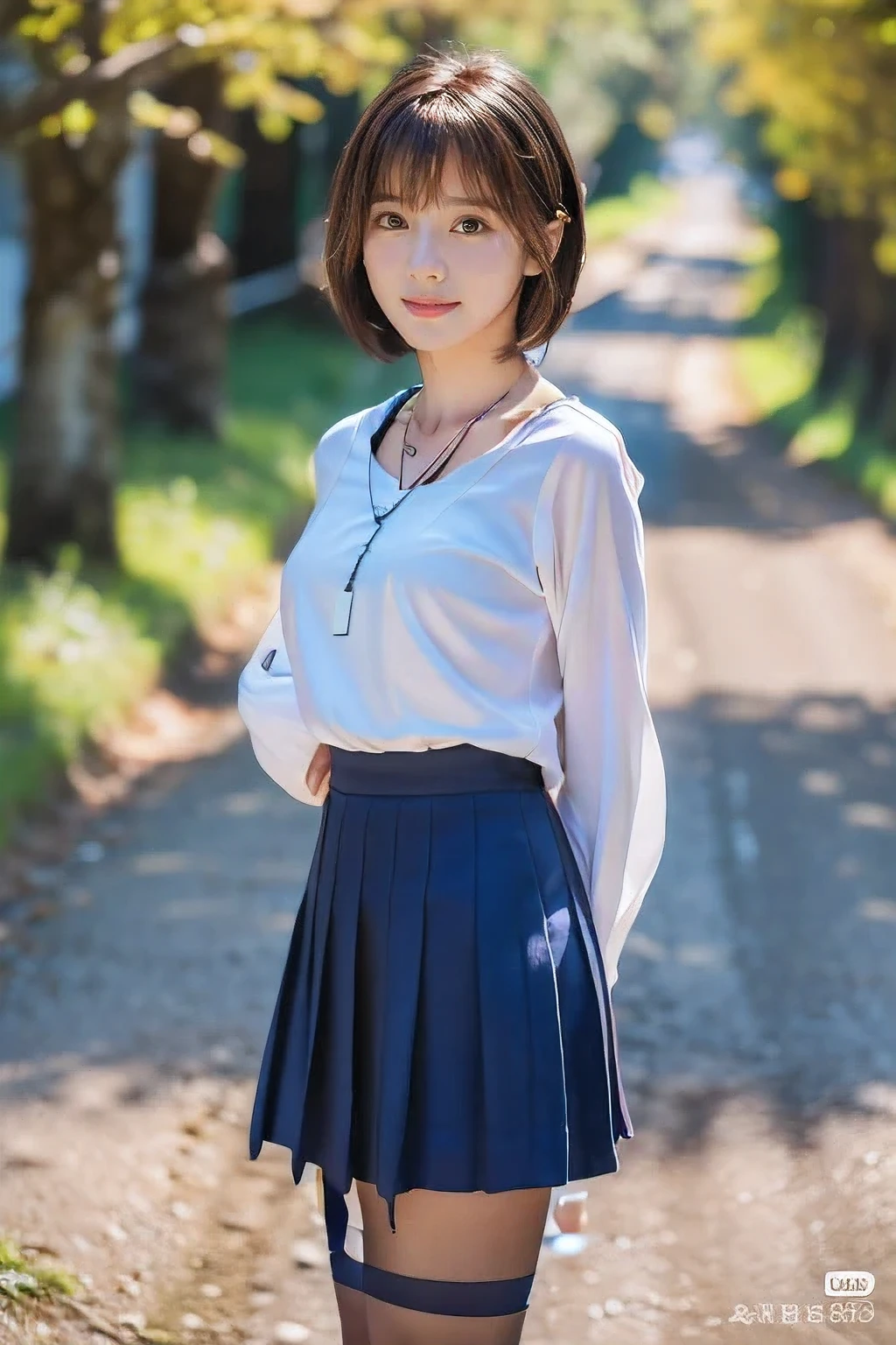 ((18 year old girl))、(highest quality、Tabletop、8k、Best image quality、Award-winning works)、1. Beautiful 、(Polyester collared long sleeve shirt:1.1)、(Red ribbon on the chest:1.1)、(Navy Pleated Skirt:1.1)、(Standing Elegantly:1.1)、(Full body photo from head to foot:1.5)、(Long legs:1.3)、The most detailed and perfect face、Realistic, ((Realistic natural orange red hairstyle, Realistic blue eyes)), ( Short Bob Hair:1.5), (necklace:1.5)、(Very long stockings:1.2)、Big Breasts、Accentuate your body lines、Look at me with your best smile、Rural mountain surrounded by strongly blurred nature々Background of a narrow school road、Brightly lit face、Ultra-high definition beauty face、Ultra high resolution perfect beautiful teeth、Ultra HD Hair、(Beautiful skin that stands out in ultra-high resolution:1.1)、Ultra-high quality glossy lips、(very bright and vivid:1.1)、(Accurate anatomy:1.1)