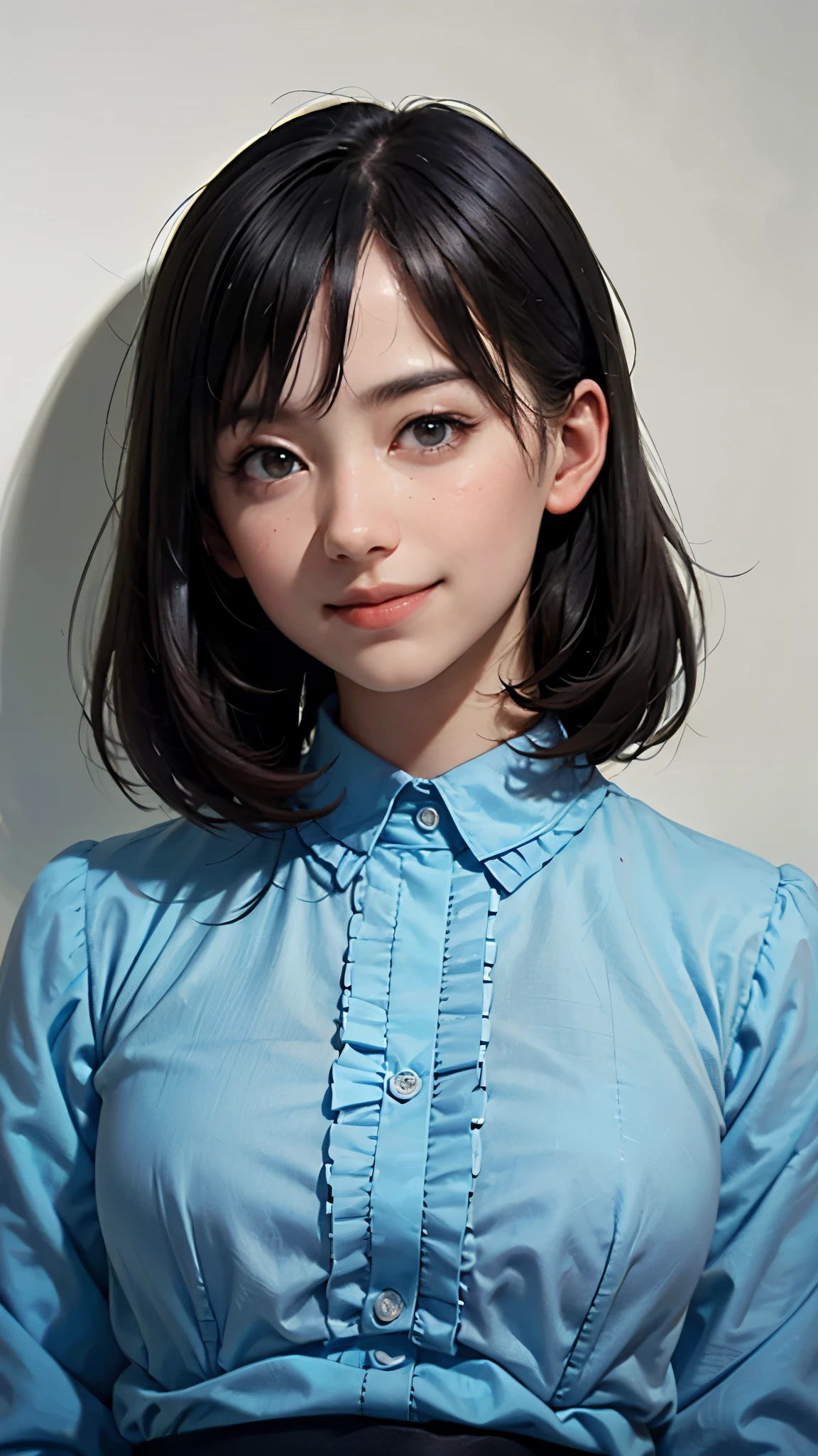 "(highest quality,8k,High resolution,masterpiece:1.2),Very detailed,(Realistic,photoRealistic,photo-Realistic:1.37),(Realistic:1.37),One beautiful woman、short hair,Deep black eyes,21 years old,Light Brown Hair,Blue clothes,Blue uniform,Moderate:Oil,Portrait of a Woman,smile,Vibrant colors,Soft lighting,Studio settings,Fine brushwork,White skin,Gentle expression,Subtle highlights,Thin hair bundle,A confident gaze,Classic black and white palette,Dramatic contrast,Bold composition,Mystery hint,Refined elegance,Professional Poses,Graceful posture,Perfect detail,Smooth skin texture,Perfect symmetry,The beauty of film: a mysterious smile,Sublime Art