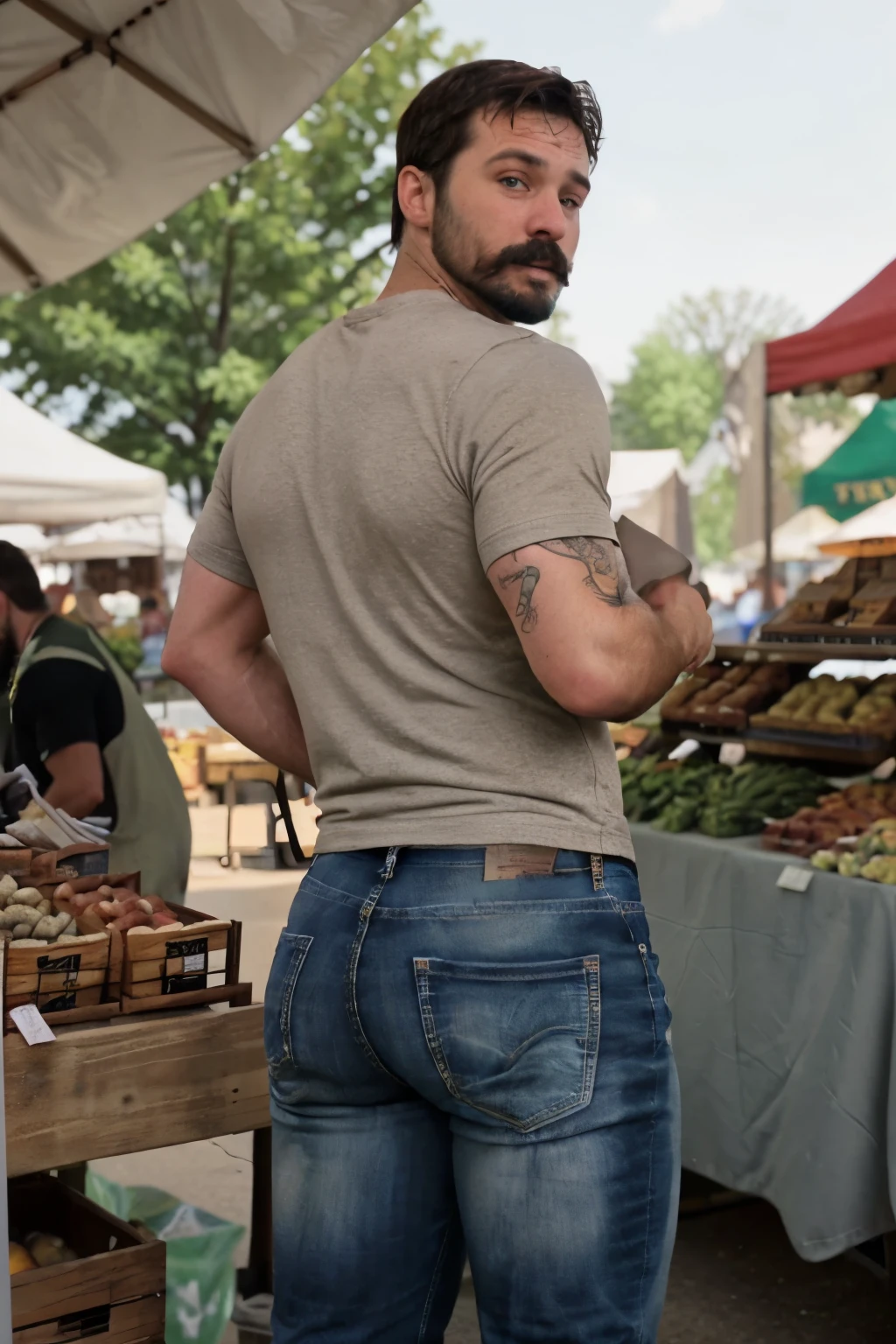 JordanBrandt, 45yo, short mustache and beard, wearing a t-shirt and  jeans, at the farmers market, backside bent over 