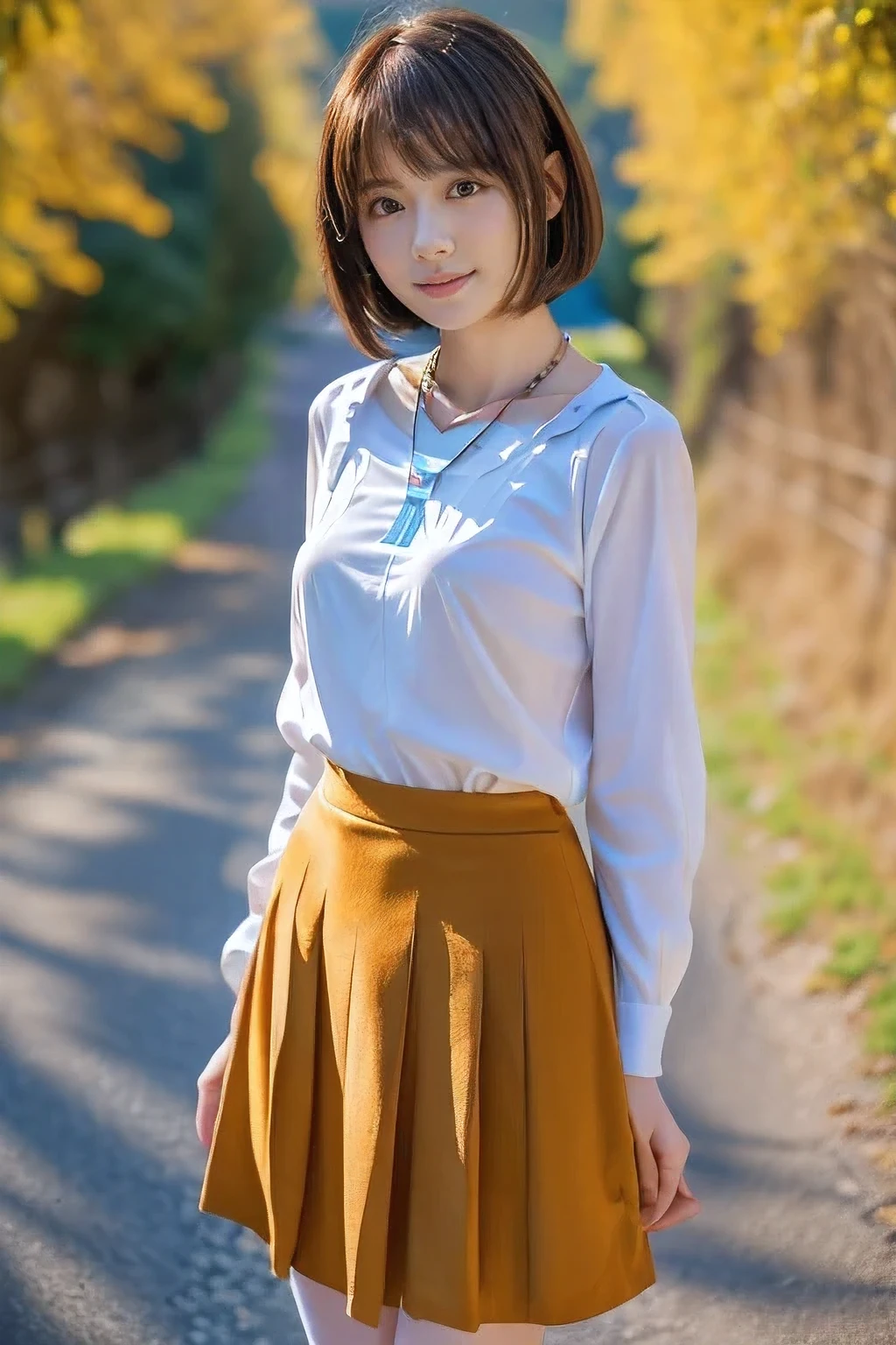 ((18 year old girl))、(highest quality、Tabletop、8k、Best image quality、Award-winning works)、1. Beautiful 、(Polyester collared long sleeve shirt:1.1)、(Red ribbon on the chest:1.1)、(Navy Pleated Skirt:1.1)、(Standing Elegantly:1.1)、(Full body photo from head to foot:1.5)、(Long legs:1.3)、The most detailed and perfect face、Realistic, ((Realistic natural orange red hairstyle, Realistic blue eyes)), ( Short Bob Hair:1.5), (necklace:1.5)、(Very long stockings:1.2)、Big Breasts、Accentuate your body lines、Look at me with your best smile、Rural mountain surrounded by strongly blurred nature々Background of a narrow school road、Brightly lit face、Ultra-high definition beauty face、Ultra high resolution perfect beautiful teeth、Ultra HD Hair、(Beautiful skin that stands out in ultra-high resolution:1.1)、Ultra-high quality glossy lips、(very bright and vivid:1.1)、(Accurate anatomy:1.1)
