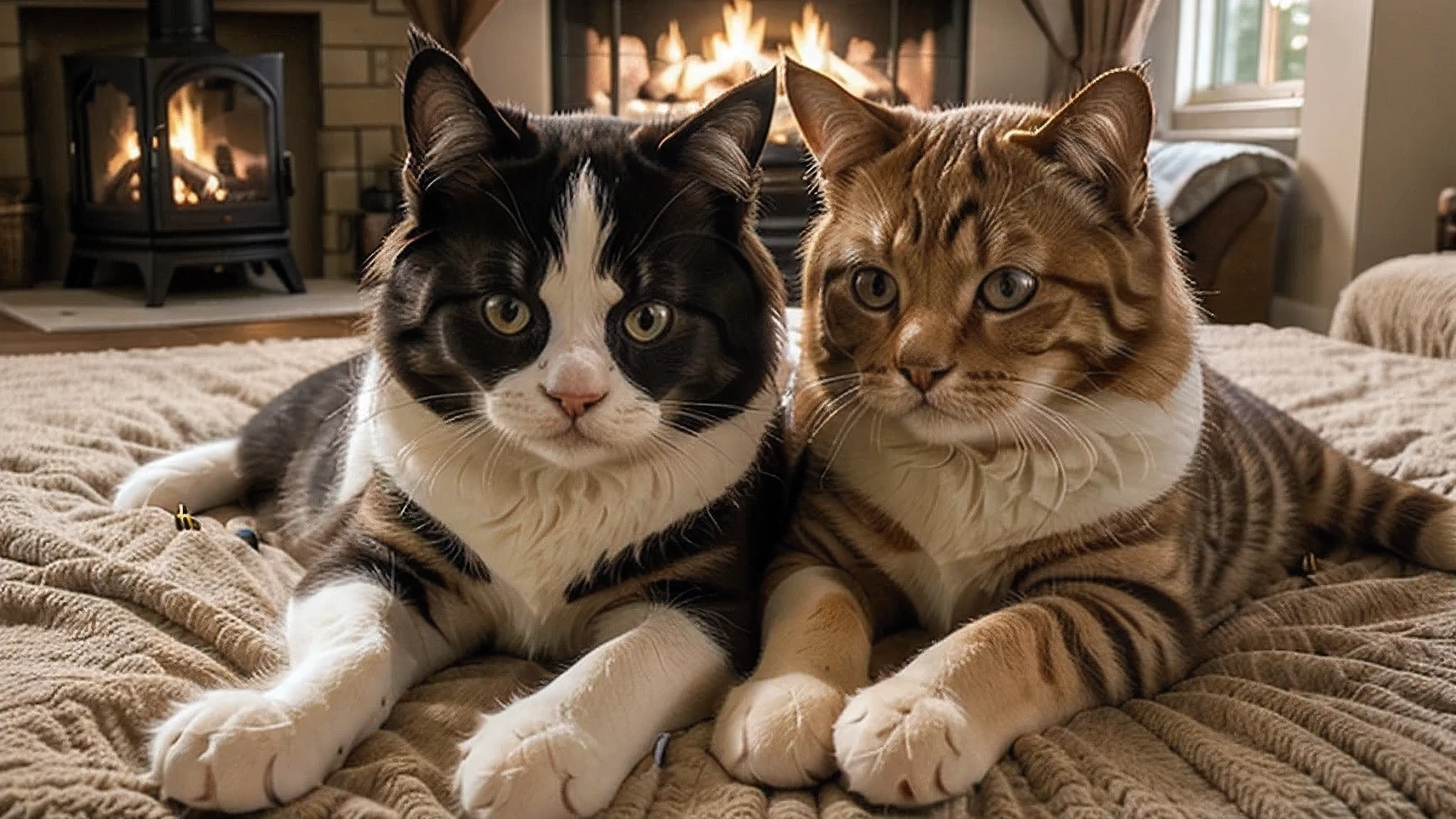 Create an adorably heartwarming image of a cat and a dog snuggled together. The cat should be a small, cute breed like a Scottish Fold or a Siamese, with a relaxed, content expression. The dog should be a small to medium-sized breed like a Corgi or a Shih Tzu, looking equally cozy and happy. They should be lying together on a soft, plush blanket in a cozy living room setting, perhaps near a fireplace or by a window with soft sunlight streaming in. The scene should radiate warmth, friendship, and ultimate cuteness.
