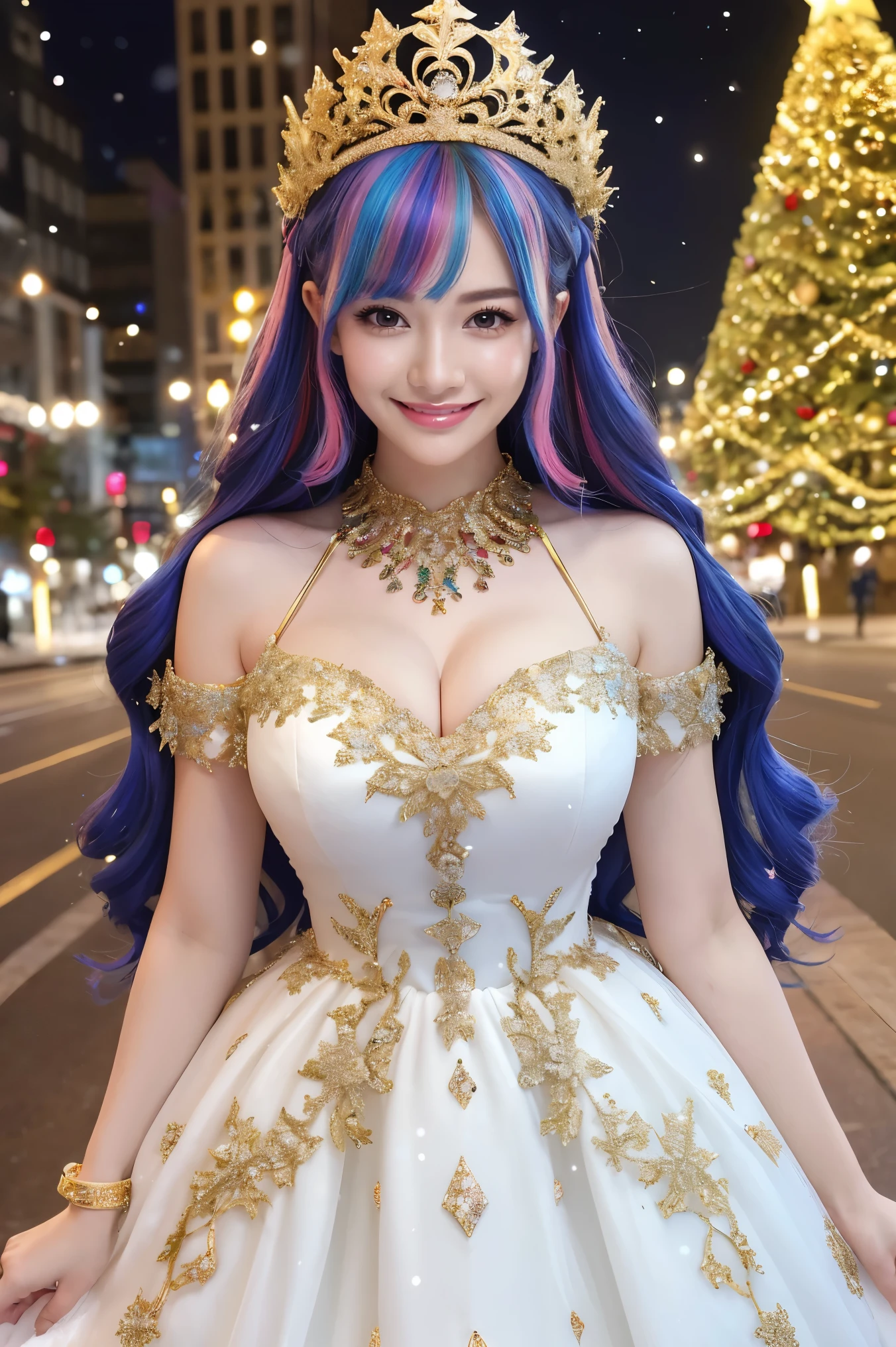 (highest quality、Tabletop、8k、Best image quality、Award-winning works)、One woman、Gal princess、(Colorful rainbow hair:1.1)、(Rainbow Hair:1.1)、Christmas decorated cityscape background、Christmas tree in the background、Christmas gifts on background、(Gorgeous white and gold glitter dress:1.1)、(A top-notch dress with extremely intricate and beautiful decoration:1.1)、(The most extravagant and luxurious giant tiara:1.1)、(The most luxurious and luxurious giant necklace:1.1)、(The most extravagant and luxurious giant jewellery:1.1)、Spectacular Cinema Lighting、Cleavage、Voluptuous body、(Gorgeous Christmas present:1.1)、(Giant Christmas Tree:1.1)、(Gift Box with Ribbon:1.1)、Perfect Makeup、Long eyelashes、Beautiful lipstick、Big ample breasts、The happiest and biggest smile、ロマンティックなChristmas Nightの街、Gorgeous illumination、Delicate and intricate brilliance、Gorgeous Christmas streetscape、Snow piled up in the city、(It's snowing:1.1)、White Christmas、Romantic evening、Christmas Night、(Perfect Anatomy:1.1)