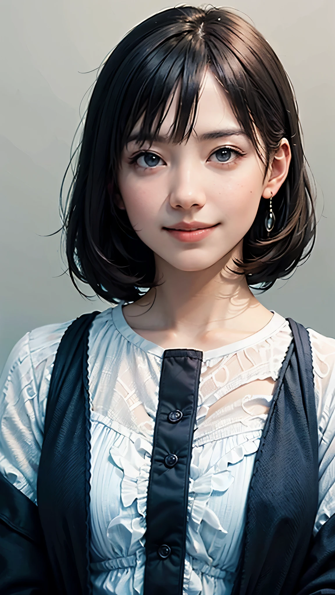 "(highest quality,8k,High resolution,masterpiece:1.2),Very detailed,(Realistic,photoRealistic,photo-Realistic:1.37),(Realistic:1.37),One beautiful woman、short hair,Deep black eyes,21 years old,Light Brown Hair,Blue clothes,Blue uniform,Moderate:Oil,Portrait of a Woman,smile,Vibrant colors,Soft lighting,Studio settings,Fine brushwork,White skin,Gentle expression,Subtle highlights,Thin hair bundle,A confident gaze,Classic black and white palette,Dramatic contrast,Bold composition,Mystery hint,Refined elegance,Professional Poses,Graceful posture,Perfect detail,Smooth skin texture,Perfect symmetry,The beauty of film: a mysterious smile,Sublime Art