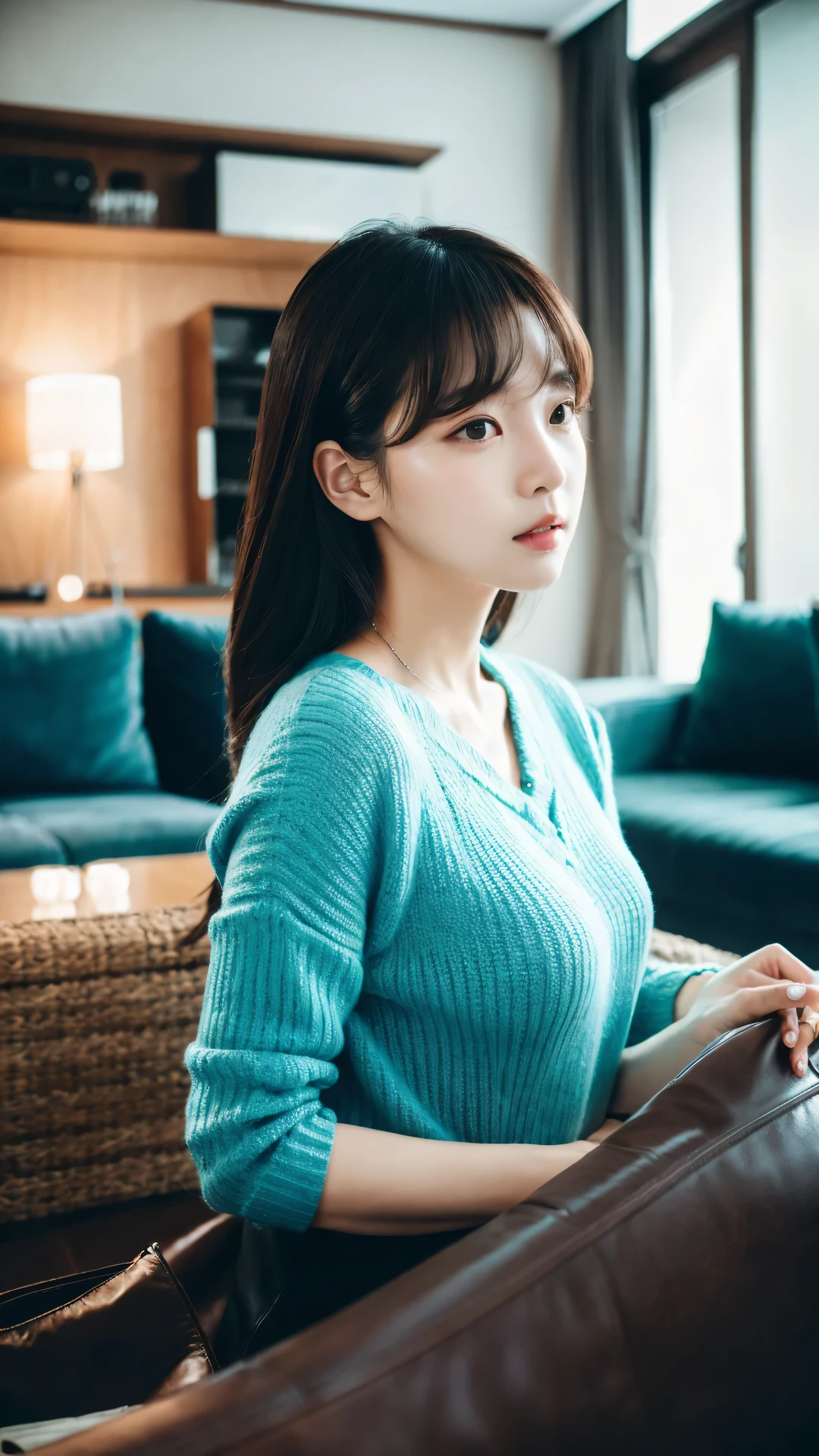 Cinematic Photo of a beautiful Korean fashion model bokeh livingroom