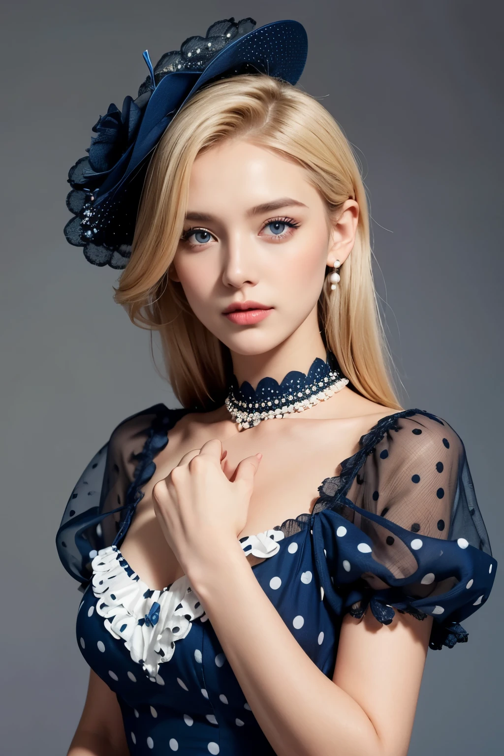 Model and background intact, Beautiful blonde woman wearing an extremely conservative white and dark blue polka dot dress with short puff sleeves, fully dressed in pearls for Royal Ascot, magazine pose,