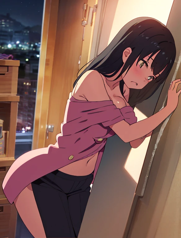 1boy, buzzcut bald, biting girl's neck from behind, black hair, black suit, bottomless, pemis, thrusting, thrusting lines, sex, hug, boy caressing girl's body, breast groping, breast grope, hold breast, sex position keeper,
1girl, black hair, brown eyes, worried eyes, open mouth, aged up, mature woman ,twisted half up, straight hair, long hair, pink cardigan, off shoulder, open shirt, yellow shirt, shirt lift up, medium breast, pink nipples, navel, bottomless, pussy, vagina inserted by penis, cum, indoors, storage room, night,
perfect anatomy, cowboyshot, dutch angle,