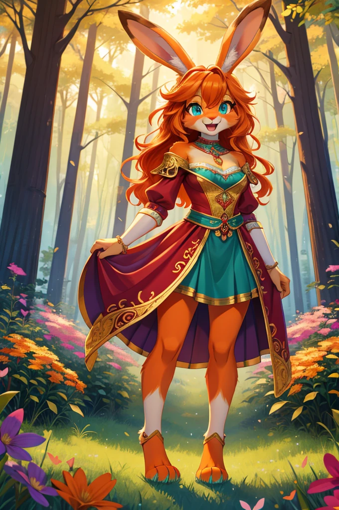 bright colors, fantasy style art, looking at viewer, facing viewer, beautiful anthropomorphic female bunny, mature and young, tall character, 5 feet 11 inches tall, fluffy bunny fur, furry fluffy skin, bunny paws, bunny feet, teal eyes, orange fur, orange skin, orange bunny paws, orange bunny feet, long wavy bright orange hair, shapely body, skinny body, healthy body, large bust, big chest, skinny waist, small skinny hips, purple and red warrior outfit, ornate red clothes, fancy purple patterns and symbols, 2 red dress coattails hanging down her sides, long draping red sleeves, poofy rabbit tail, standing in a lush fantasy forest, green trees, in the spring, beautiful spring forest, thick forest, colorful flowers scattered in the bushes, butterflies in the air, sunlight coming through the trees, smiling happily, excited expression, wide eyes, large smile open mouth, high quality digital art, 2k, professional illustration, highly detailed