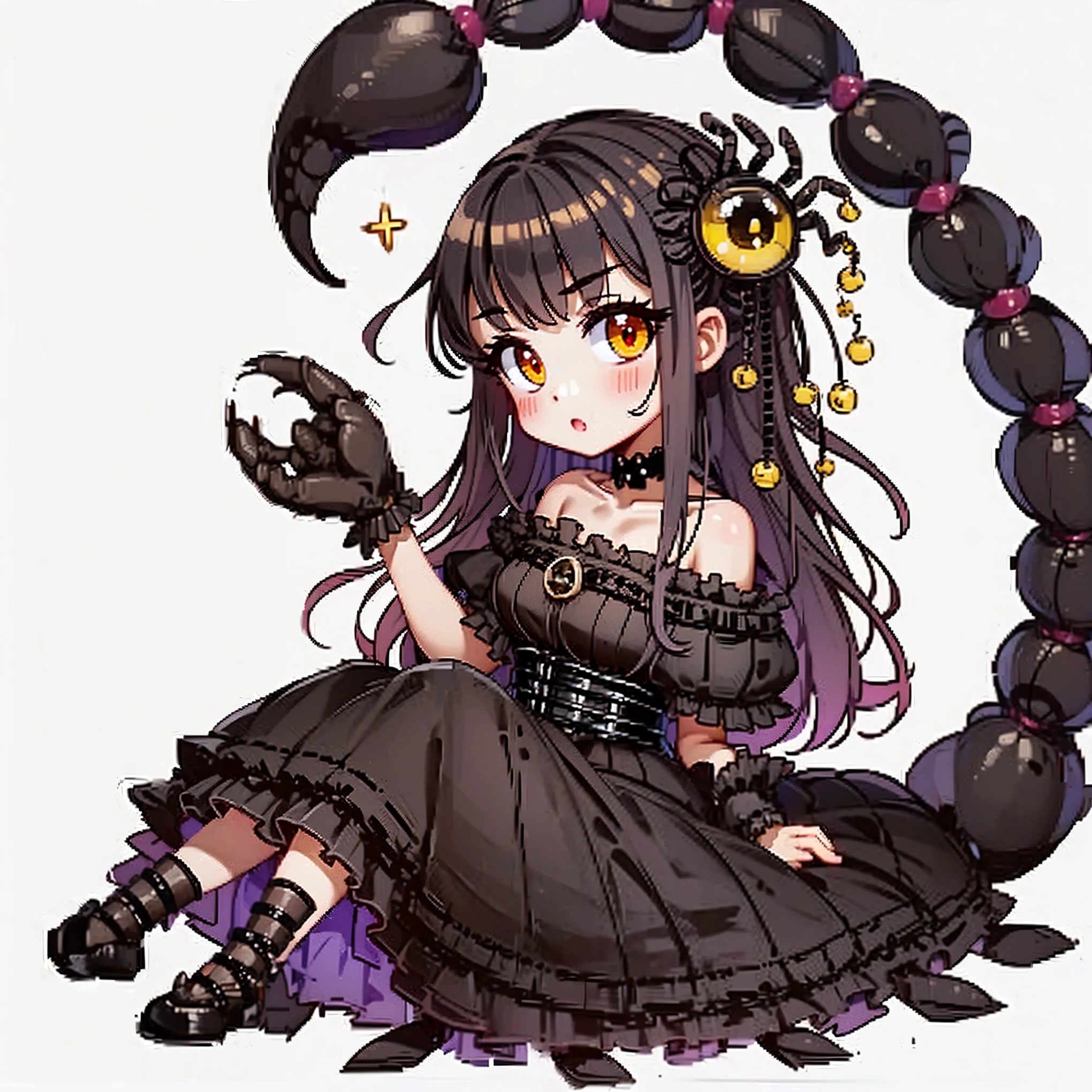 A girl with a scorpion tail. She's wearing a gothic dress. Her one hand becomes a scorpion's claw. She has yellow eyes hair ornament in her hair. mucus. Relaxing pose.