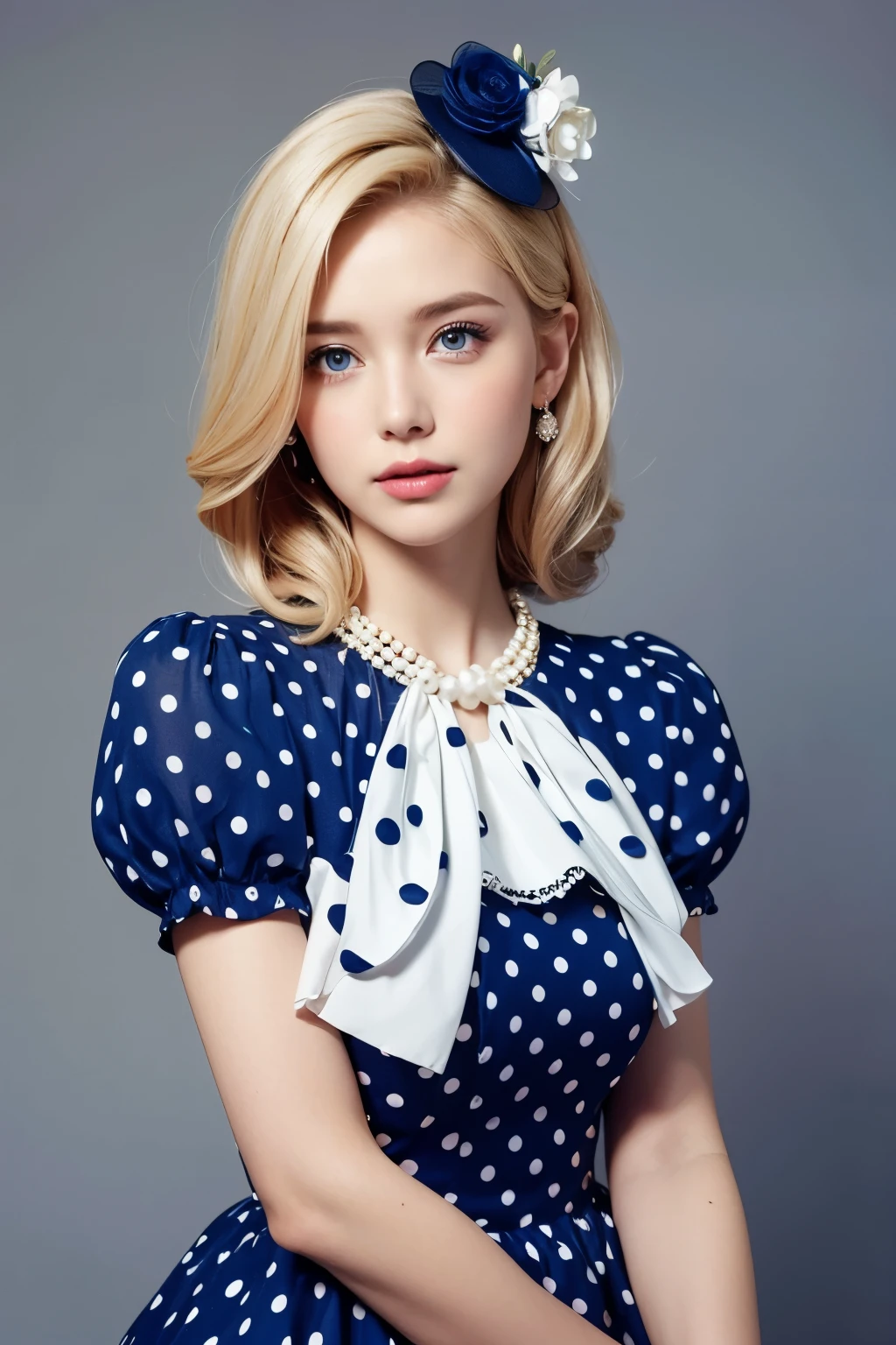 Beautiful blonde woman wearing an extremely conservative white and dark blue polka dot dress with short puff sleeves, fully dressed in pearls for Royal Ascot, magazine pose,