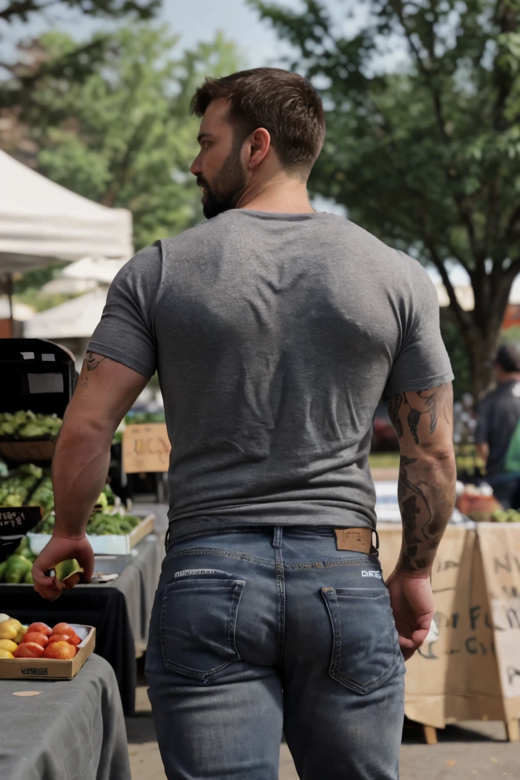 JordanBrandt, 45yo, short mustache and beard, wearing a t-shirt and  gray jeans, at the farmers market, backside bent over walking