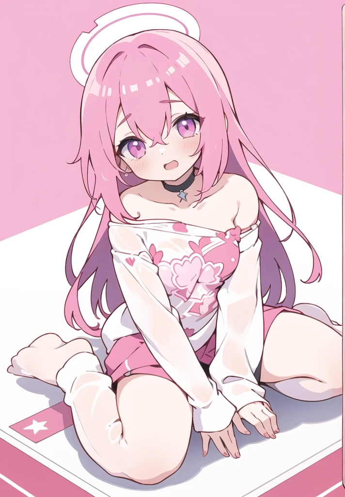 (masterpiece, best res) ((1girl, solo)) white tshirt, (pastel pink hair), pink eyes, pink panties, white thigh high socks, no shoes