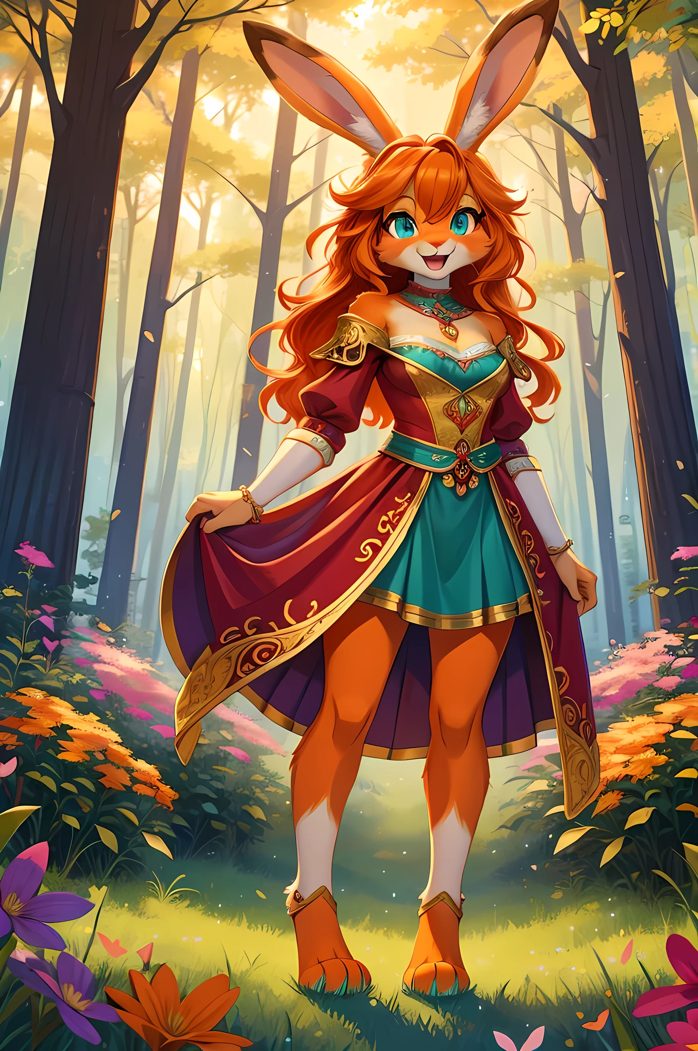 bright colors, fantasy style art, looking at viewer, facing viewer, beautiful anthropomorphic female bunny, mature and young, tall character, 5 feet 11 inches tall, fluffy bunny fur, furry fluffy skin, bunny paws, bunny feet, teal eyes, orange fur, orange skin, orange bunny paws, orange bunny feet, long wavy bright orange hair, shapely body, skinny body, healthy body,  large bust, big chest, skinny waist, small skinny hips, purple and red warrior outfit, ornate red clothes, fancy purple patterns and symbols, 2 red dress coattails hanging down her sides, long draping red sleeves, poofy rabbit tail, standing in a lush fantasy forest, green trees, in the spring, beautiful spring forest, thick forest, colorful flowers scattered in the bushes, butterflies in the air, sunlight coming through the trees, smiling happily, excited expression, wide eyes, large smile open mouth, high quality digital art, 2k, professional illustration, highly detailed