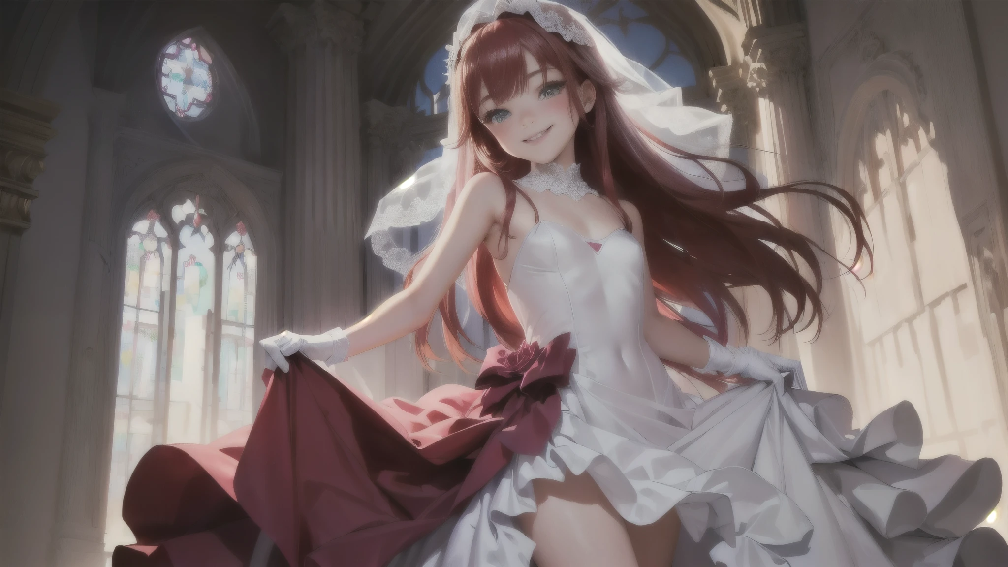 1boy, Feminine boy, femboy, cheeky bright smile, bright colors, small wedding veil on head, long red hair, flat chested, male chest, Full-length image, Boy in Full-length, flat chest, wedding gloves, correctly drawn fingers on the hand, skimpy wedding dress, deep neckline on the dress, slight mockery, lace, long eyelashes, bangs, cutout in the dress between the breasts