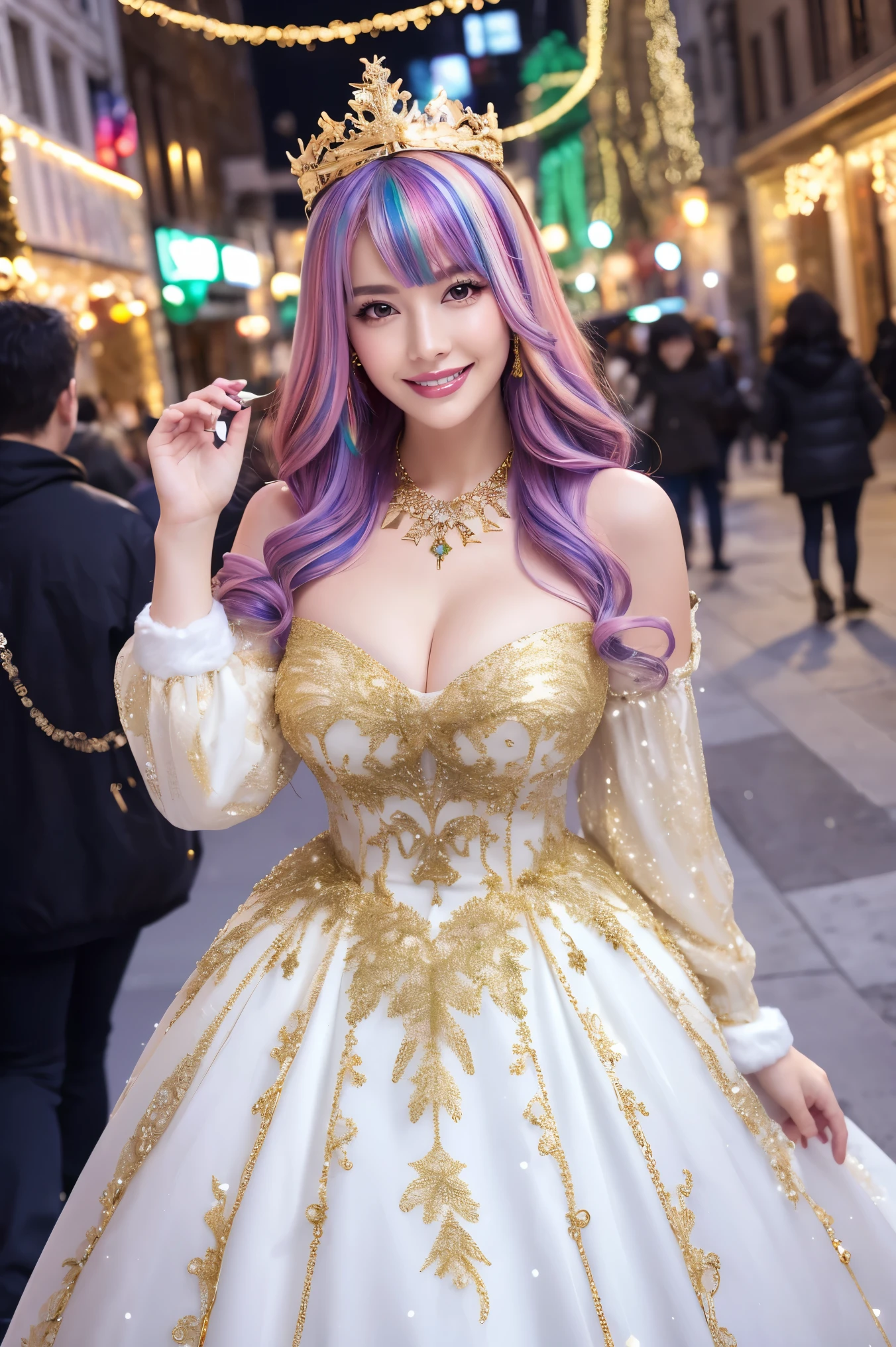 (highest quality、Tabletop、8k、Best image quality、Award-winning works)、One woman、Gal princess、(Colorful rainbow hair:1.1)、(Rainbow Hair:1.1)、Christmas decorated cityscape background、Christmas tree in the background、Christmas gifts on background、(Gorgeous white and gold glitter dress:1.1)、(A top-notch dress with extremely intricate and beautiful decoration:1.1)、(The most extravagant and luxurious giant tiara:1.1)、(The most luxurious and luxurious giant necklace:1.1)、(The most extravagant and luxurious giant jewellery:1.1)、Spectacular Cinema Lighting、Cleavage、Voluptuous body、(Gorgeous Christmas present:1.1)、(Giant Christmas Tree:1.1)、(Gift Box with Ribbon:1.1)、Perfect Makeup、Long eyelashes、Beautiful lipstick、Big ample breasts、The happiest and biggest smile、ロマンティックなChristmas Nightの街、Gorgeous illumination、Delicate and intricate brilliance、Gorgeous Christmas streetscape、Snow piled up in the city、(It's snowing:1.1)、White Christmas、Romantic evening、Christmas Night、(Perfect Anatomy:1.1)