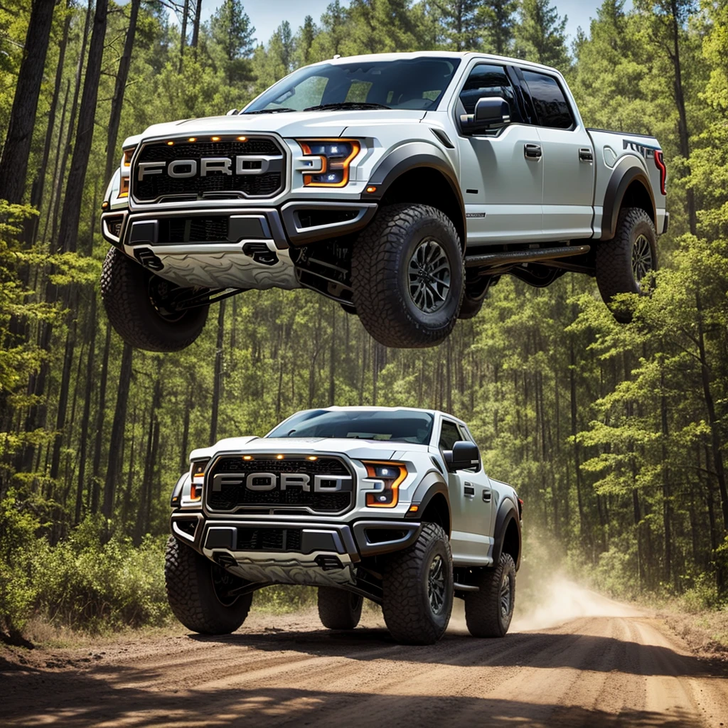 Ford F150 Raptor on the high way in the forest and King of Buffalo protecting