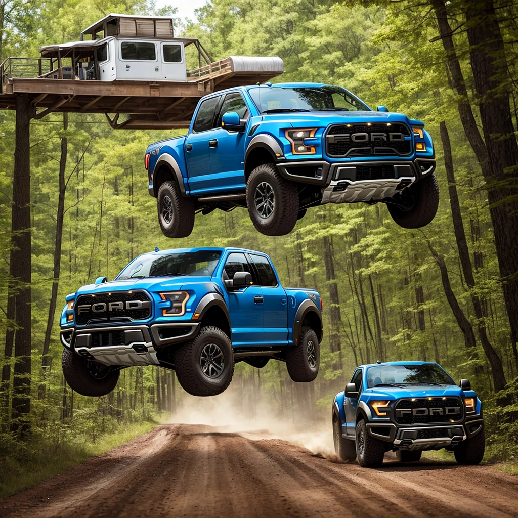 Ford F150 Raptor on the high way in the forest and King of Buffalo protecting