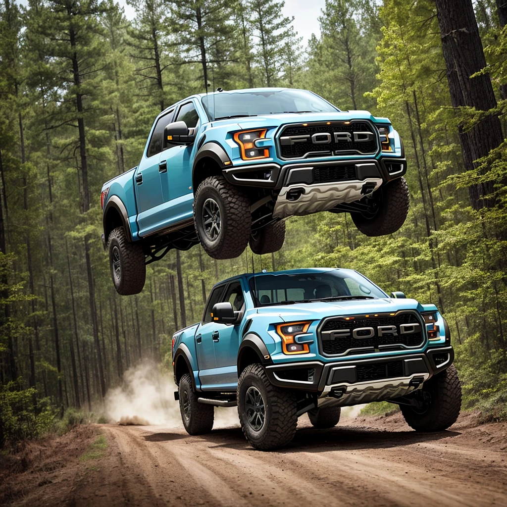 Ford F150 Raptor on the high way in the forest and King of Buffalo protecting