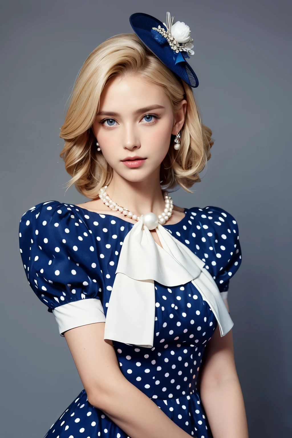 Model and background intact, Beautiful blonde woman wearing an extremely conservative white and dark blue polka dot dress with short puff sleeves, fully dressed in pearls for Royal Ascot, magazine pose,