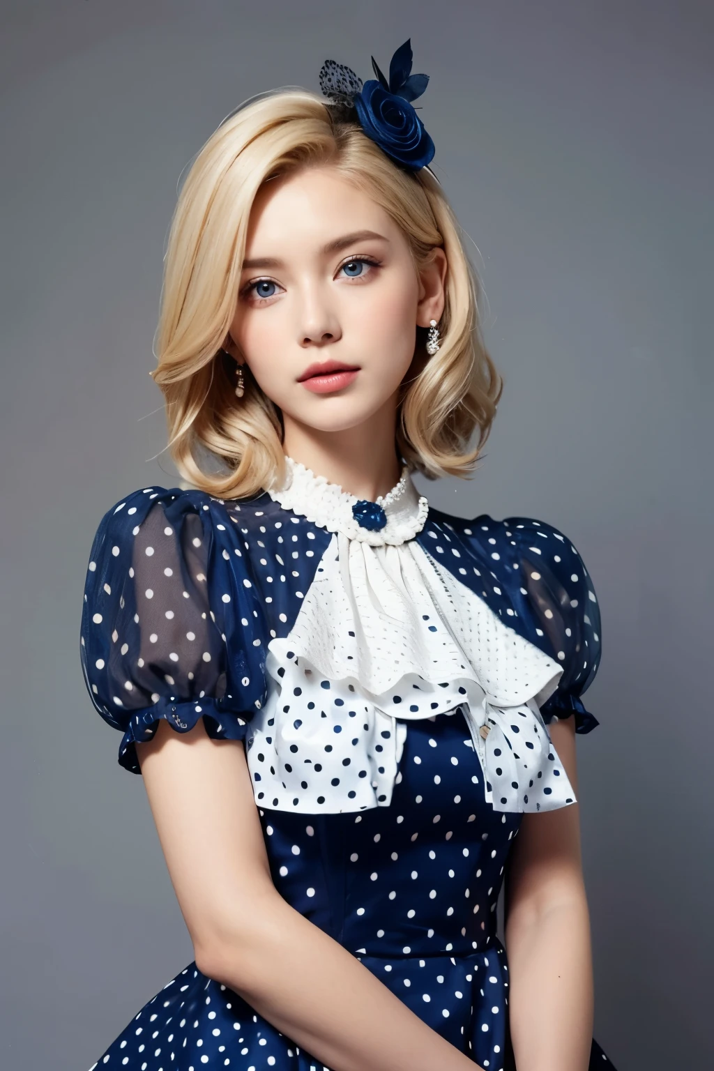 Model and background intact, Beautiful blonde woman wearing an extremely conservative white and dark blue polka dot dress with short puff sleeves, fully dressed in pearls for Royal Ascot, magazine pose,