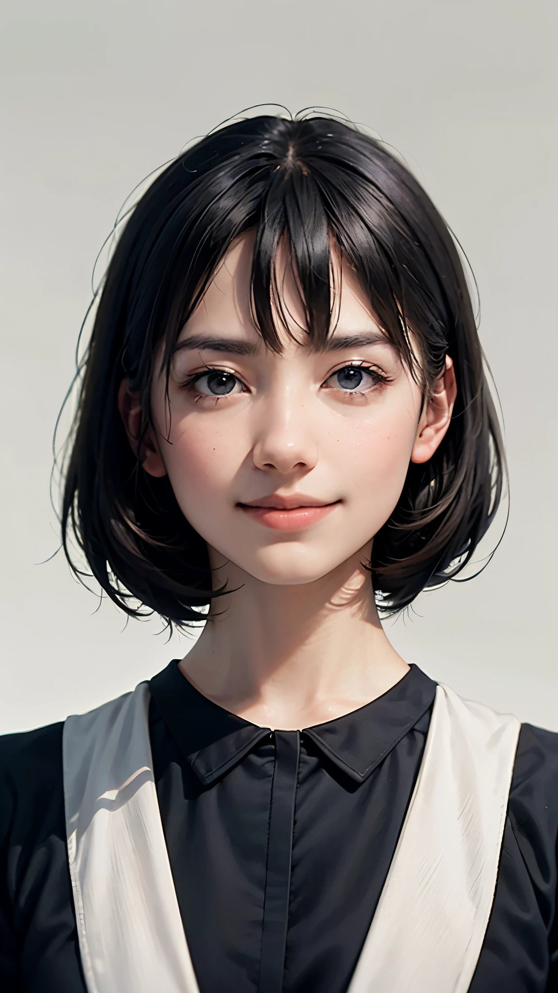 "(highest quality,8k,High resolution,masterpiece:1.2),Very detailed,(Realistic,photoRealistic,photo-Realistic:1.37),(Realistic:1.37),One beautiful woman、short hair,Deep black eyes,21 years old,Light Brown Hair,Blue bodysuit,Pastel Colou uniform,Moderate:Oil,Portrait of a Woman,smile,Vibrant colors,Soft lighting,Studio settings,Fine brushwork,White skin,Gentle expression,Subtle highlights,Thin hair bundle,A confident gaze,Classic black and white palette,Dramatic contrast,Bold composition,Mystery hint,Refined elegance,Professional Poses,Graceful posture,Perfect detail,Smooth skin texture,Perfect symmetry,The beauty of film: a mysterious smile,Sublime Art