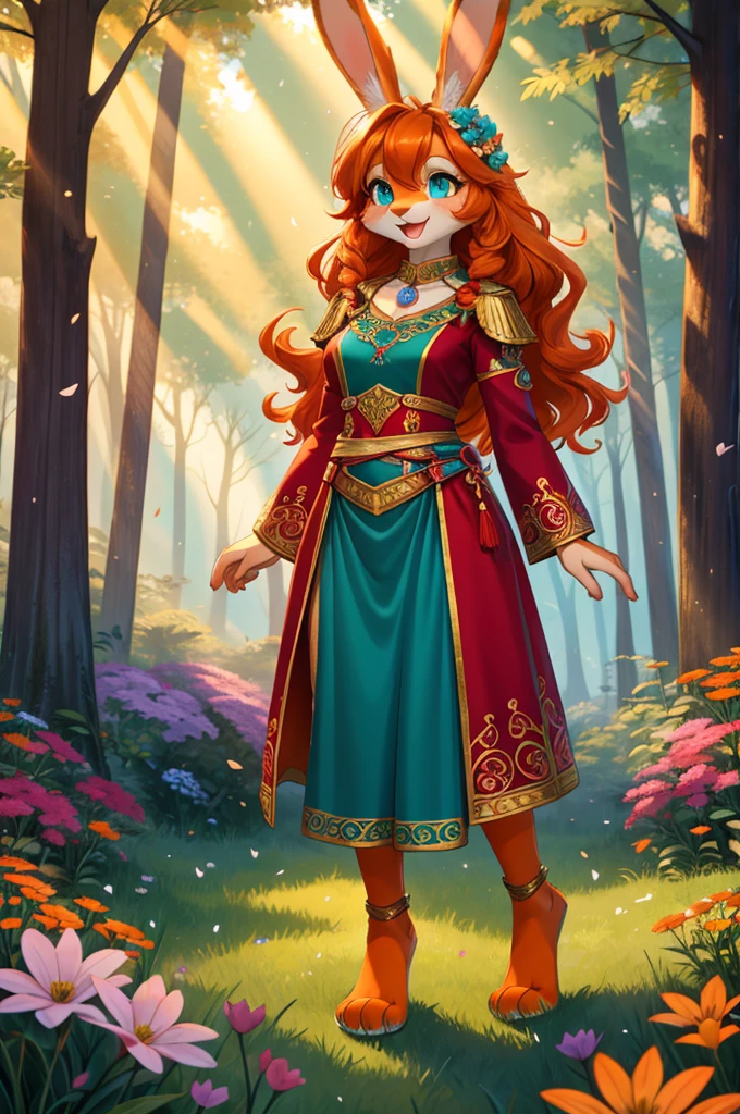 bright colors, fantasy style art, beautiful anthropomorphic female bunny, mature and young, tall character, 5 feet 11 inches tall, fluffy bunny fur, furry fluffy skin, bunny paws, bunny feet, teal eyes, orange fur, orange skin, orange bunny paws, orange bunny feet, long wavy bright orange hair, shapely body, skinny body, healthy body, purple and red warrior outfit, ornate red clothes, fancy purple patterns and symbols, 2 red dress coattails hanging down her sides, long draping red sleeves, poofy rabbit tail, standing in a lush fantasy forest, green trees, in the spring, beautiful spring forest, thick forest, colorful flowers scattered in the bushes, butterflies in the air, sunlight coming through the trees, smiling happily, excited expression, wide eyes, large smile open mouth, high quality digital art, 2k, professional illustration, highly detailed