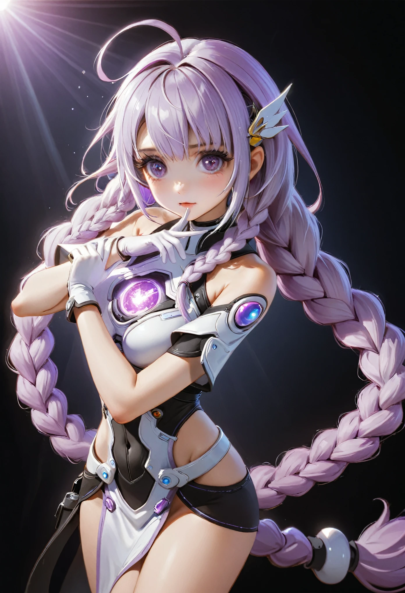 1 girl,solo,beautiful, yinji , anatomical correct:2, twin braids, purple hair,hair ornament, gloves, ahoge,low-tied very long hair, purple eyes