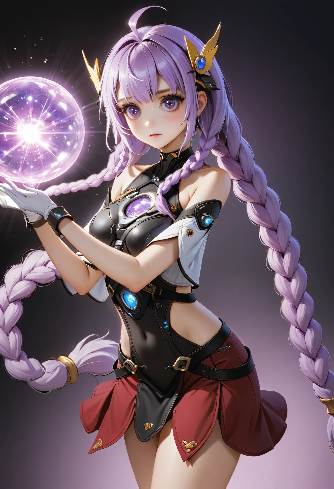 1 girl，solo，beautiful， yinji , anatomical correct:2, twin braids, purple hair，hair ornament, gloves, ahoge，low-tied very long hair， purple eyes