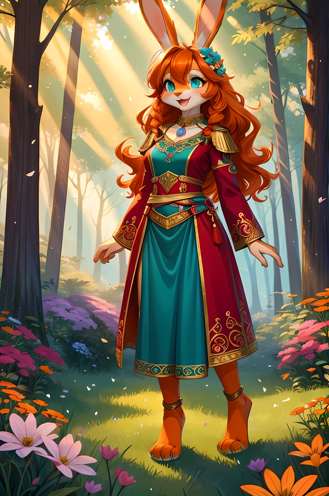 bright colors, fantasy style art, beautiful anthropomorphic female bunny, mature and young, tall character, 5 feet 11 inches tall, fluffy bunny fur, furry fluffy skin, bunny paws, bunny feet, teal eyes, orange fur, orange skin, orange bunny paws, orange bunny feet, long wavy bright orange hair, shapely body, skinny body, healthy body, purple and red warrior outfit, ornate red clothes, fancy purple patterns and symbols, 2 red dress coattails hanging down her sides, long draping red sleeves, poofy rabbit tail, standing in a lush fantasy forest, green trees, in the spring, beautiful spring forest, thick forest, colorful flowers scattered in the bushes, butterflies in the air, sunlight coming through the trees, smiling happily, excited expression, wide eyes, large smile open mouth, high quality digital art, 2k, professional illustration, highly detailed