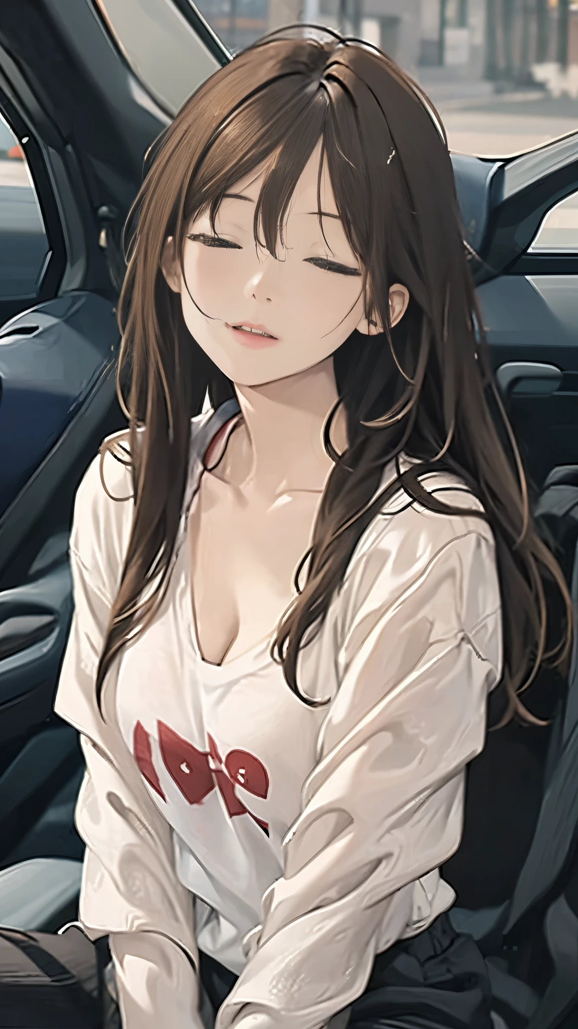 (masterpiece:1.2, Top quality),, Nice illustration, (Natural side light, light), 
Looking at the audience, 1 girl, Brown hair，Cleavage，Low-cut，Burgundy T-shirt，Black casual pants，Sleeping in bed