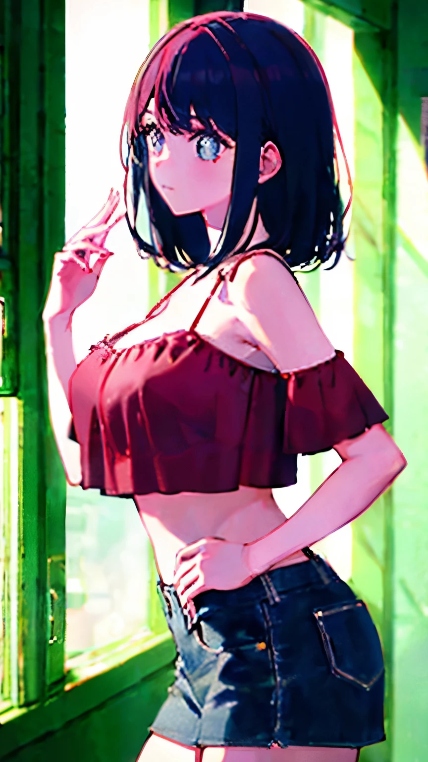 (masterpiece:1.2, Top quality),, Nice illustration, (Natural side light, light), 
Looking at the audience, 1 girl, Pink Hair，Cleavage，Low-cut，Red Shirt，Underwear shoulder straps，Denim skirt，Big breasts