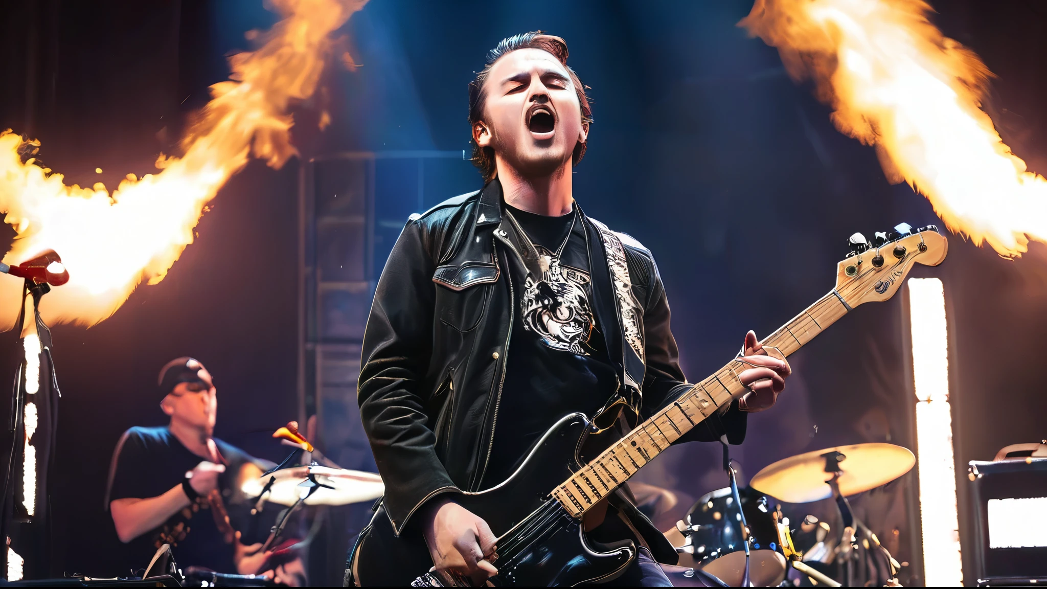 (best quality,4k,highres,masterpiece:1.2)Metal rockstar on stage jamming,shredding guitar solos,energetic crowd,pyrotechnics,smoke machine,blazing lights,headbanging,layered distortion,thunderous bass,explosive drum beats,electric energy,hypnotizing stage presence,dynamic stage setup,leather jacket,ripped jeans,piercing gaze,roaring vocals,metallic rivets,studded accessories,dark and intense atmosphere,dripping sweat,unconstrained passion,amped up performance,aggressive power,heavy metal vibes,chaotic mosh pit,thumping rhythms,raw energy,mesmerizing guitar riffs,screaming fans,adrenaline rush,rock and roll spirit,legendary performance,ear-shattering sound,iconic stage persona,deafening cheers,creative guitar effects,loud amplifiers,ground-shaking basslines,pulsating stage lights,thunderous applause,vibrant energy,unforgettable concert experience.