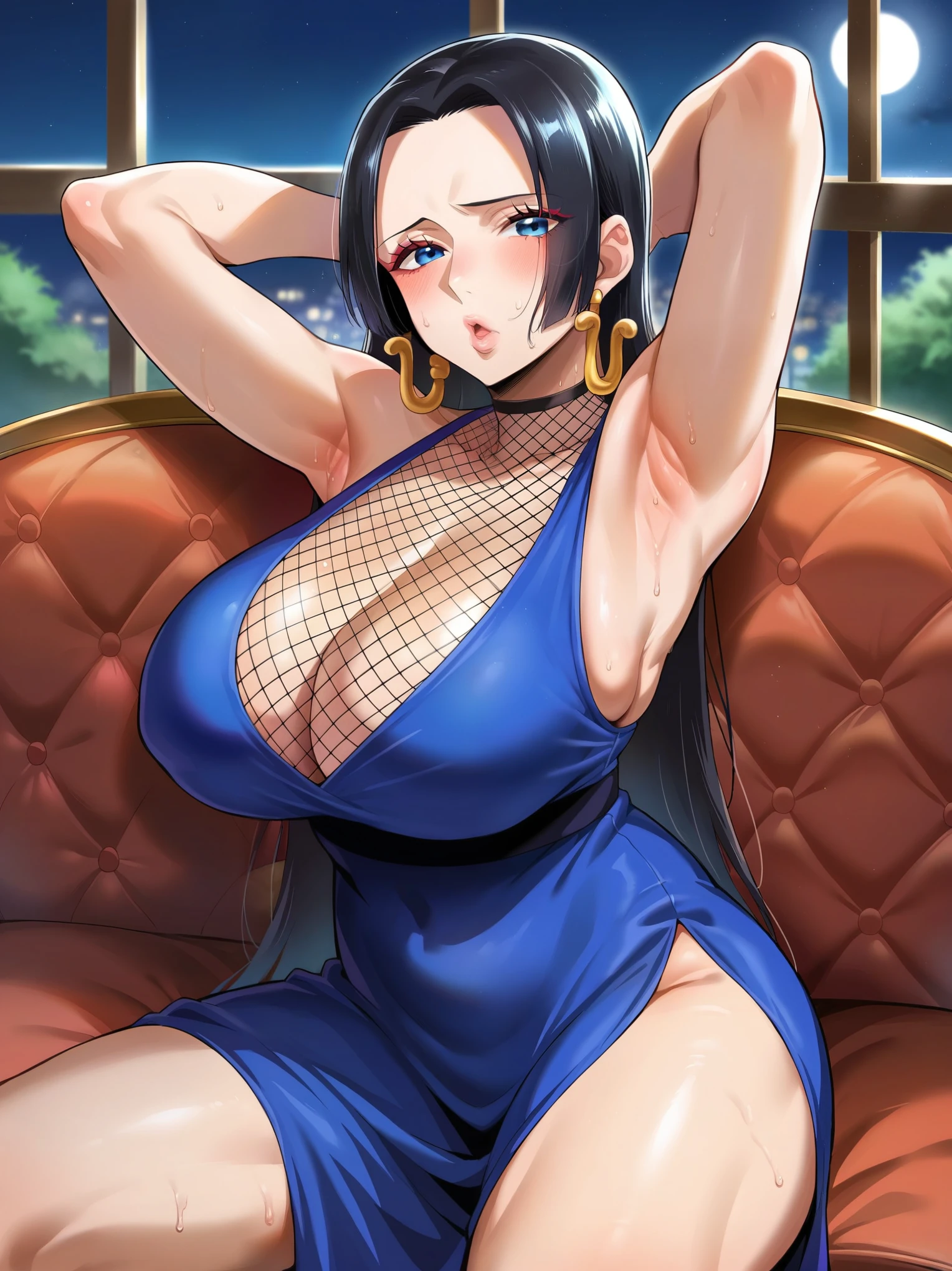 score_9, score_8_up, score_7_up, source_anime, solo, 1girl, blush, shy, looking at viewer, black hair, blue eyes, one piece, indoors, rating:safe, on couch, fancy loveseat, balcony, night, night time,  after dark, moonlight, couch, front view, face focus,  safe for work, dress, covered, clothes, standing, pants, blue dress, huge breasts, huge thighs, moaning, ecstasy, lewd face, ahegao, spread legs, fishnet clothing, fishnet stocking, boa hancock, mother, milf, ikuchan, ((mature female)), red eyeshadow, armpits, arms behind head, sweaty