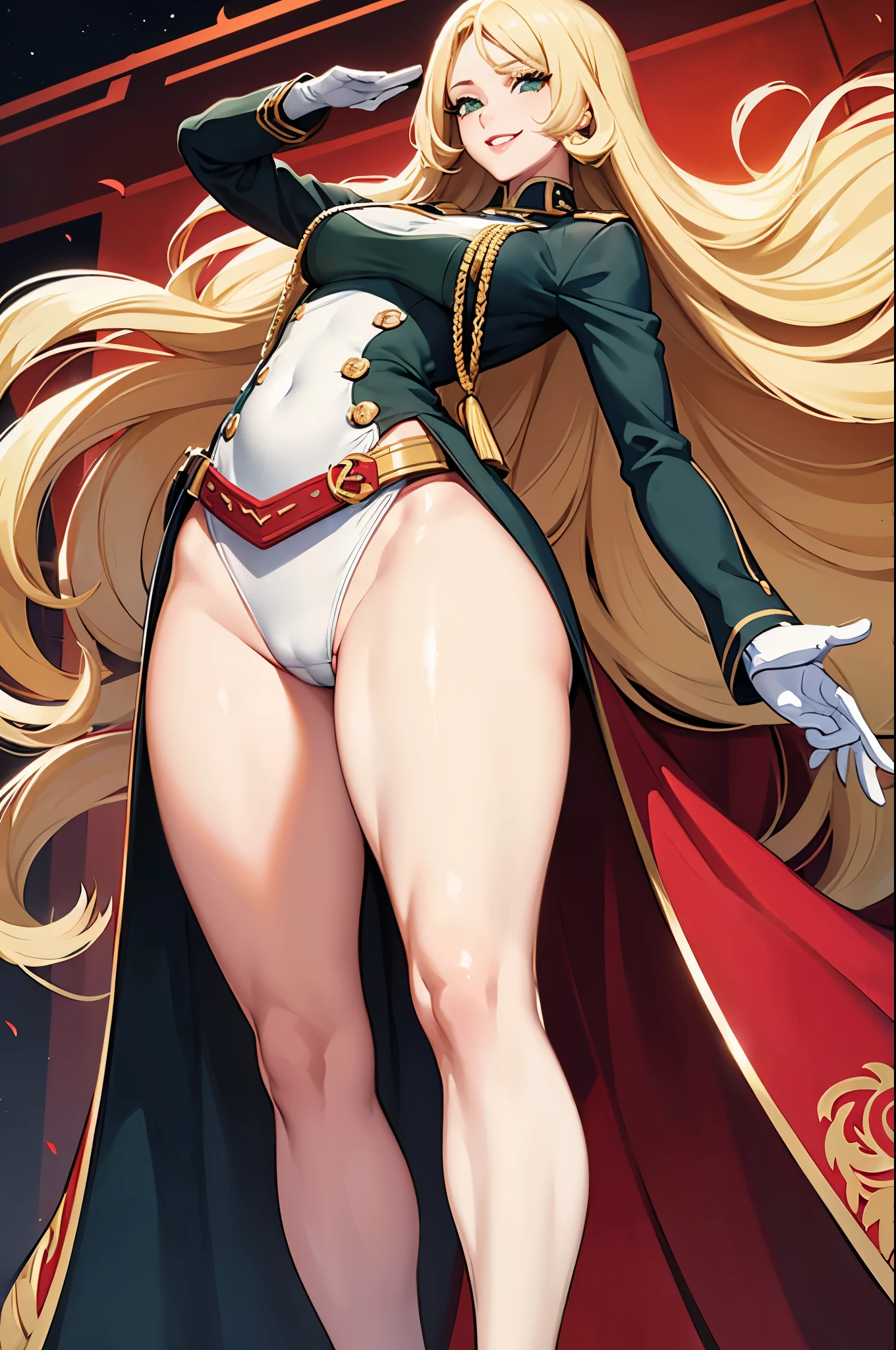 Woman saluting,Blonde,Long hair is thick,very red lips,Big Ass,Narrow waist,Long legs,Green Eyes Standing 8k(( A sloppy smile,The face we're looking for, Winking)), ,8k(( Anime Style, The facial expression is good, Anime Style緑色の眼, The facial expression is good:1.５)), Standing at the station, Morning, Beauty, soldier, uniform,spring,cherry blossoms,Looking at the camera, clear hand position, clear depiction of eyes:0.8