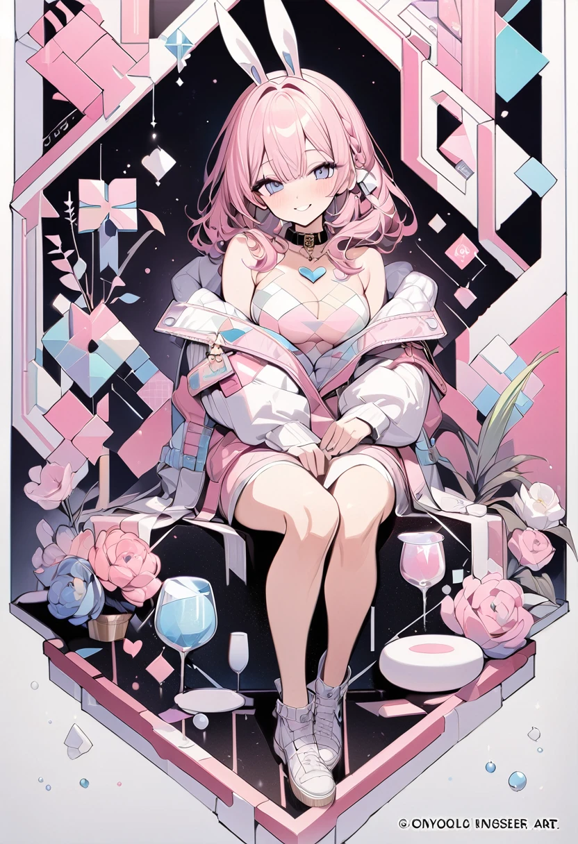 ,Beautiful flowers々）,Moles under the eyes, heart shaped collar, (masterpiece, best quality), Official Art, beautiful and aesthetic: 1.2), (1 girl), Very detailed, (geometric art: 1.3), rich and colorful、Pink Bob Hairstyle、Bunny ears、 whole body、Smile、University
