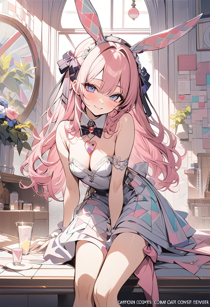 ,Beautiful flowers々）,Moles under the eyes, heart shaped collar, (masterpiece, best quality), Official Art, beautiful and aesthetic: 1.2), (1 girl), Very detailed, (geometric art: 1.3), rich and colorful、Pink Bob Hairstyle、Bunny ears、 whole body、Smile、University
