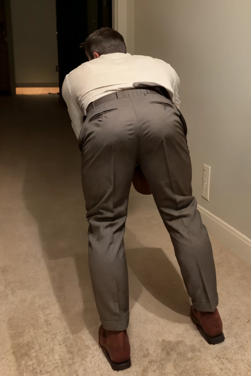 JordanBrandt, 45yo, short mustache and beard, wearing ropa semi formal, kaki trousers, backside bent over 