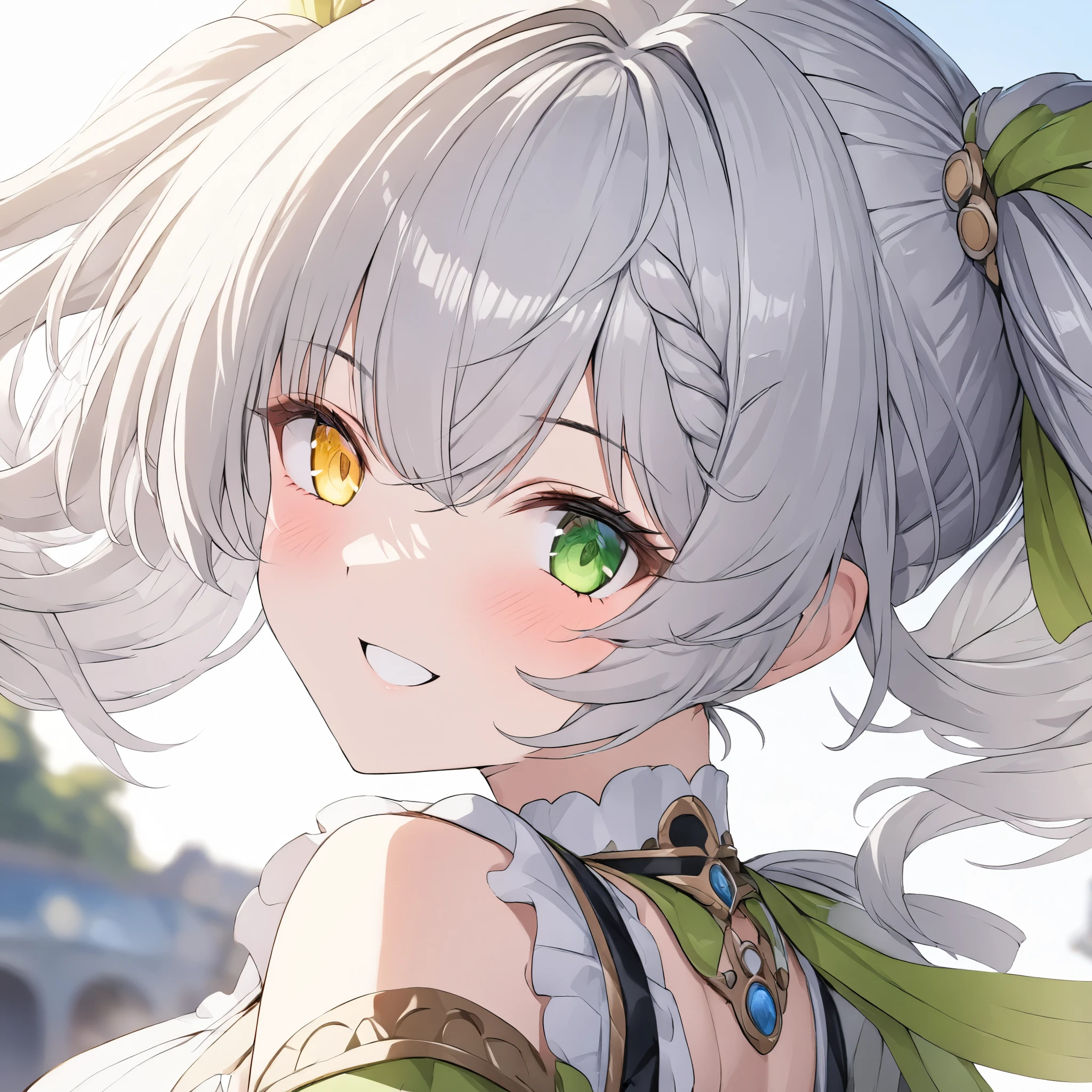 (((master piece Highest quality ultra detailed,Unity 8k Exquisite Detail))),Twin Drill,Silver Hair,smile,Upper Body,(heterochromia green eye yellow eye),Lens Flare,Random Background