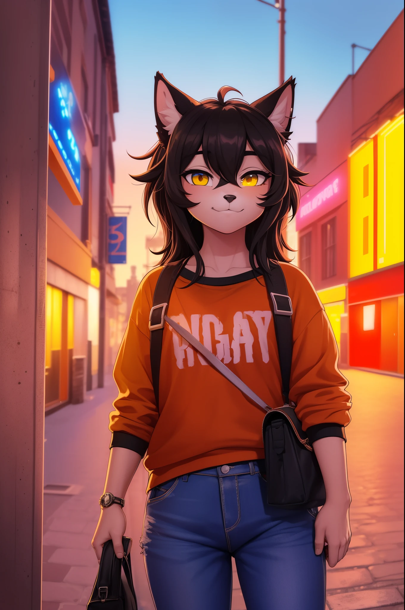 1 chica, (deColaed fluffy fur), piel del cuerpo, solo, Orejas de zorro, pelo de dos tonos, (Alta calidad), high resolution, deColaed eyes, deColaed shadows, chaqueta roja (Alta calidad), high resolution (pintura digital), (8K), (Cola: 1.1), edificios de la ciudad, horizonte, (mano en el bolsillo: 1.1), vaqueros, (neon lights: 1.1), noche, atestado, luz brillante, neon, , camiseta banda de rock, (naranja [pelaje del cuerpo]), amplia sonrisa, deColaed eyes, (((ambas manos en los bolsillos)))
