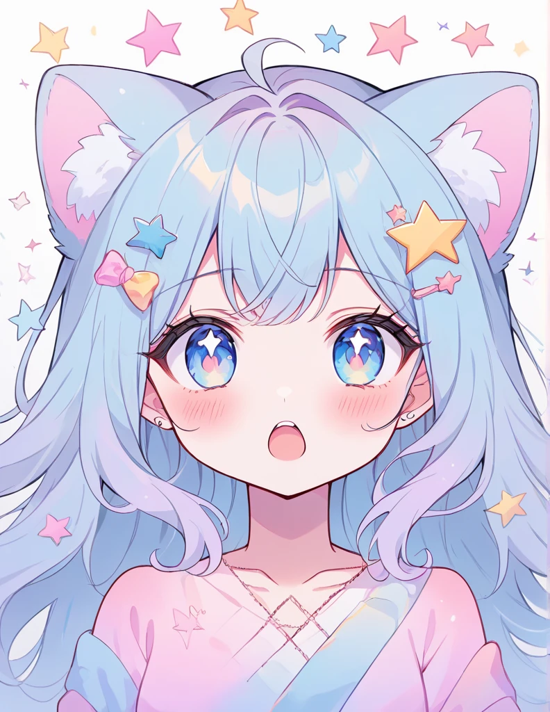 neondskdrmsxl, Fraction_9_up, Fraction_8_up, Fraction_7_Direction_6_up, 1 Girl, Solitary, Soft colors, open mouth, long hair, Star , (Symbolism), Star Hair accessories, Hair accessories, Double tail, looking at the audience, blue eyes, pastel neon lighting, source_Japanese cartoons, neon, neon theme ,