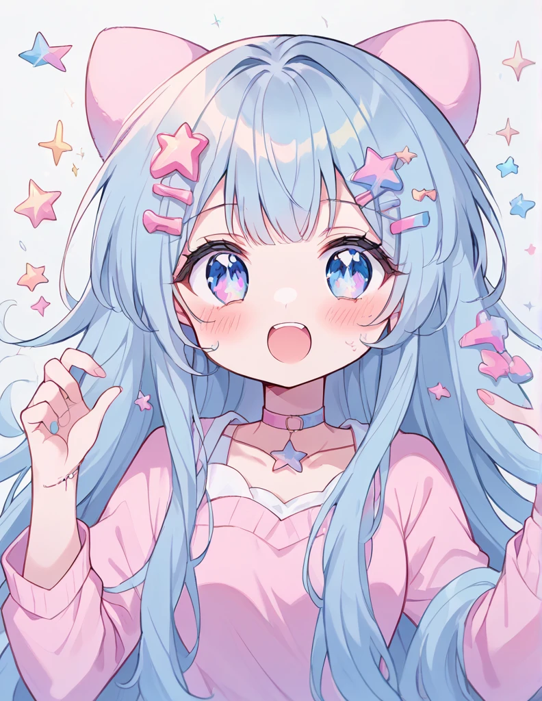 neondskdrmsxl, Fraction_9_up, Fraction_8_up, Fraction_7_Direction_6_up, 1 Girl, Solitary, Soft colors, open mouth, long hair, Star , (Symbolism), Star Hair accessories, Hair accessories, Double tail, looking at the audience, blue eyes, pastel neon lighting, source_Japanese cartoons, neon, neon theme , 