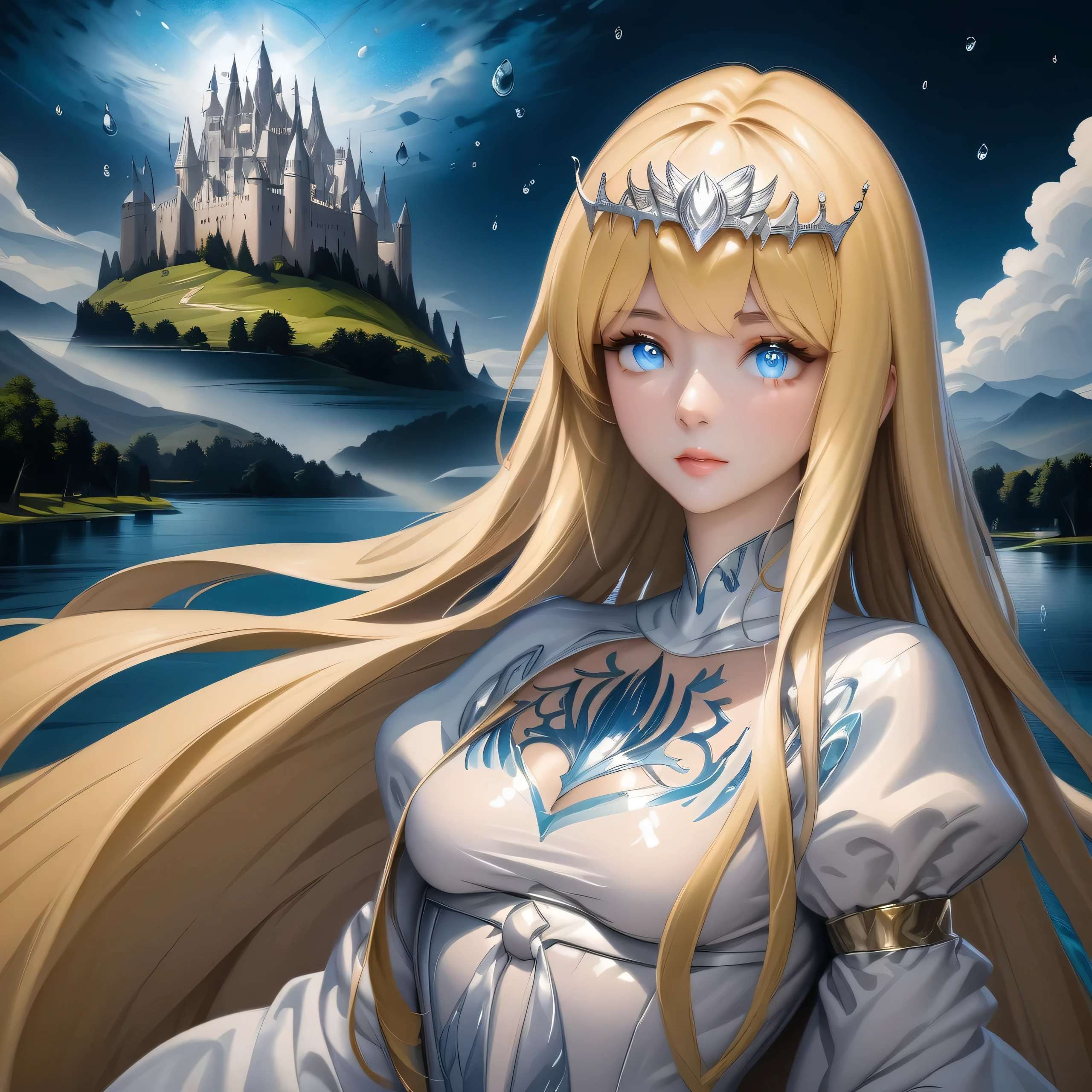 hyper detailed render style,glow,yellow,blue,brush,surreal oil painting,shiny eyes, upper body focus, exaggerated perspective,tyndall effect, water drops, mother of pearl iridescence, holographic white, beautiful background, 1girl, solo, Calca, Calca Bessarez, blonde hair, extremely long hair, very long hair, white tiara, silver tiara, white dress, blue eyes, medium chest, short neck, castle background