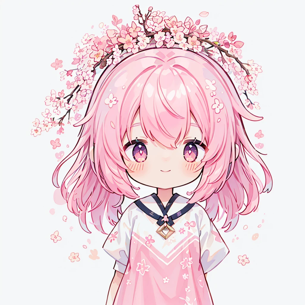 transparent watercolor、girl、Jewel Eyes、Beautiful arrangements and motifs、Depth of bounds written、flat avatar, 1girl, Smile, light pink hair((medium hair、wavy hair)), hair with white tips, pink mesh hair、Fashionable Design Clothing((pink and white)),background white、cherry blossom petals, Cute Girl, modest dress clothing, cherry blossom tights