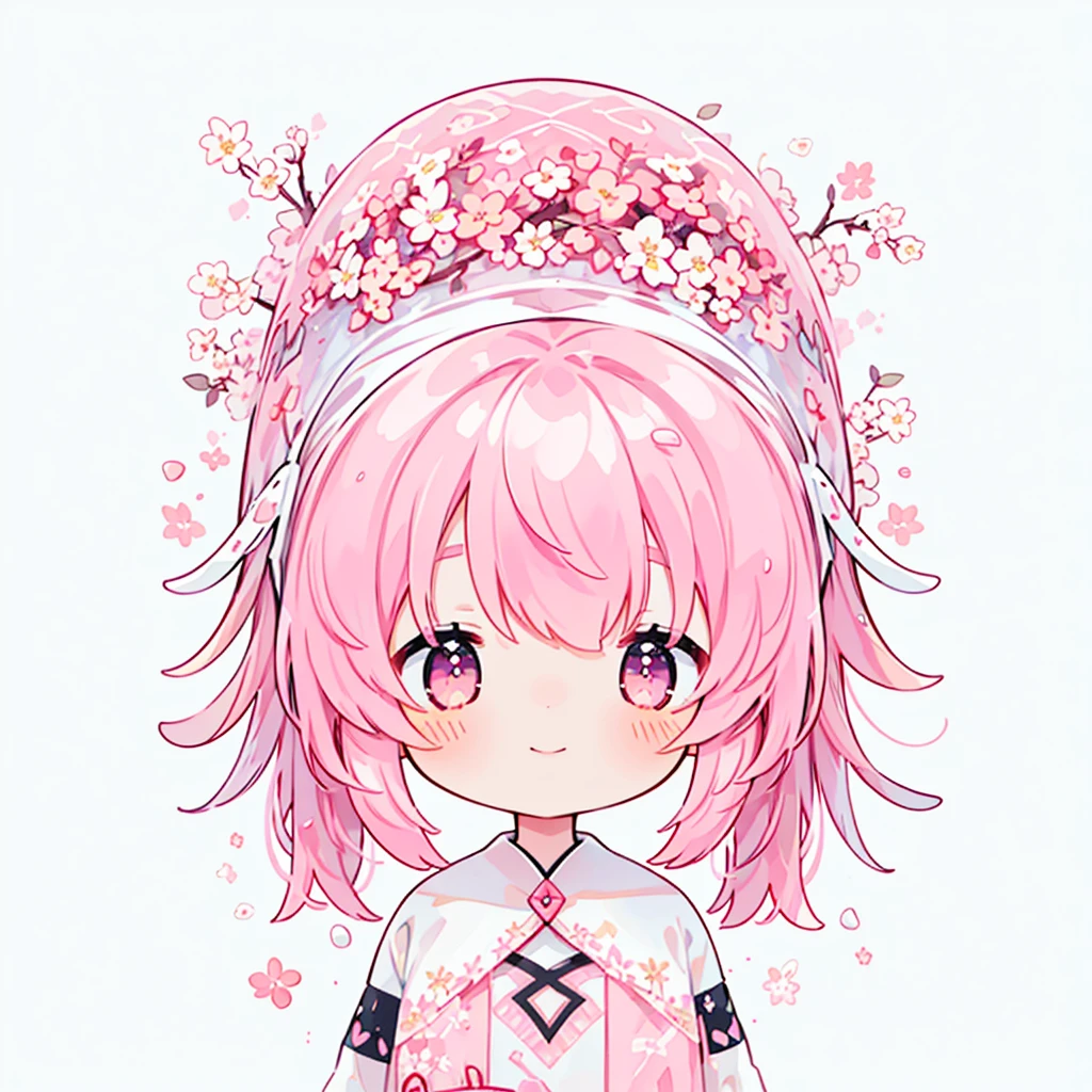 transparent watercolor、girl、Jewel Eyes、Beautiful arrangements and motifs、Depth of bounds written、flat avatar, 1girl, Smile, light pink hair((medium hair、wavy hair)), hair with white tips, pink mesh hair、Fashionable Design Clothing((pink and white)),background white、cherry blossom petals, Cute Girl, modest dress clothing, cherry blossom tights