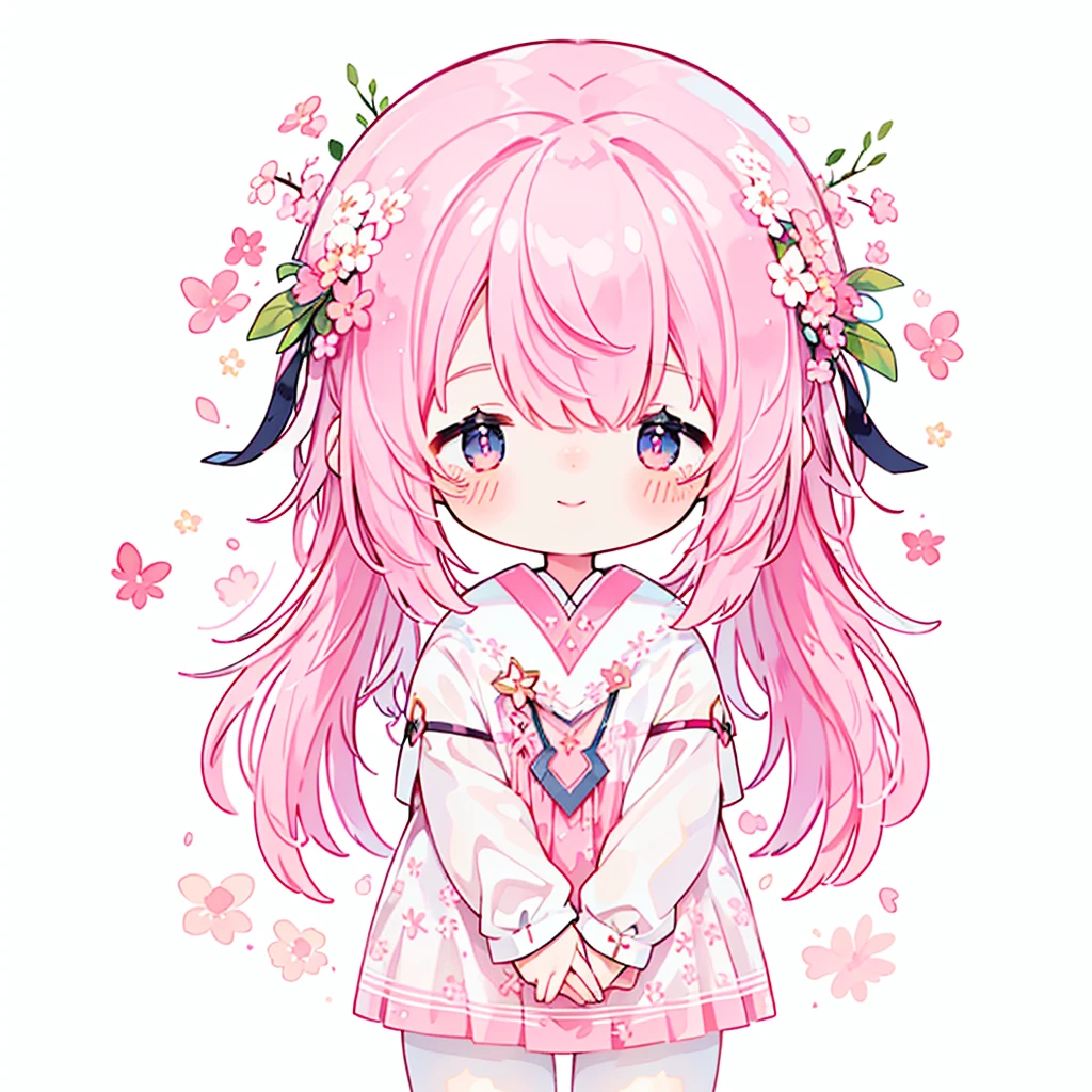 transparent watercolor、girl、Jewel Eyes、Beautiful arrangements and motifs、Depth of bounds written、flat avatar, 1girl, Smile, light pink hair((medium hair、wavy hair)), hair with white tips, pink mesh hair、Fashionable Design Clothing((pink and white)),background white、cherry blossom petals, Cute Girl, modest dress clothing, cherry blossom tights