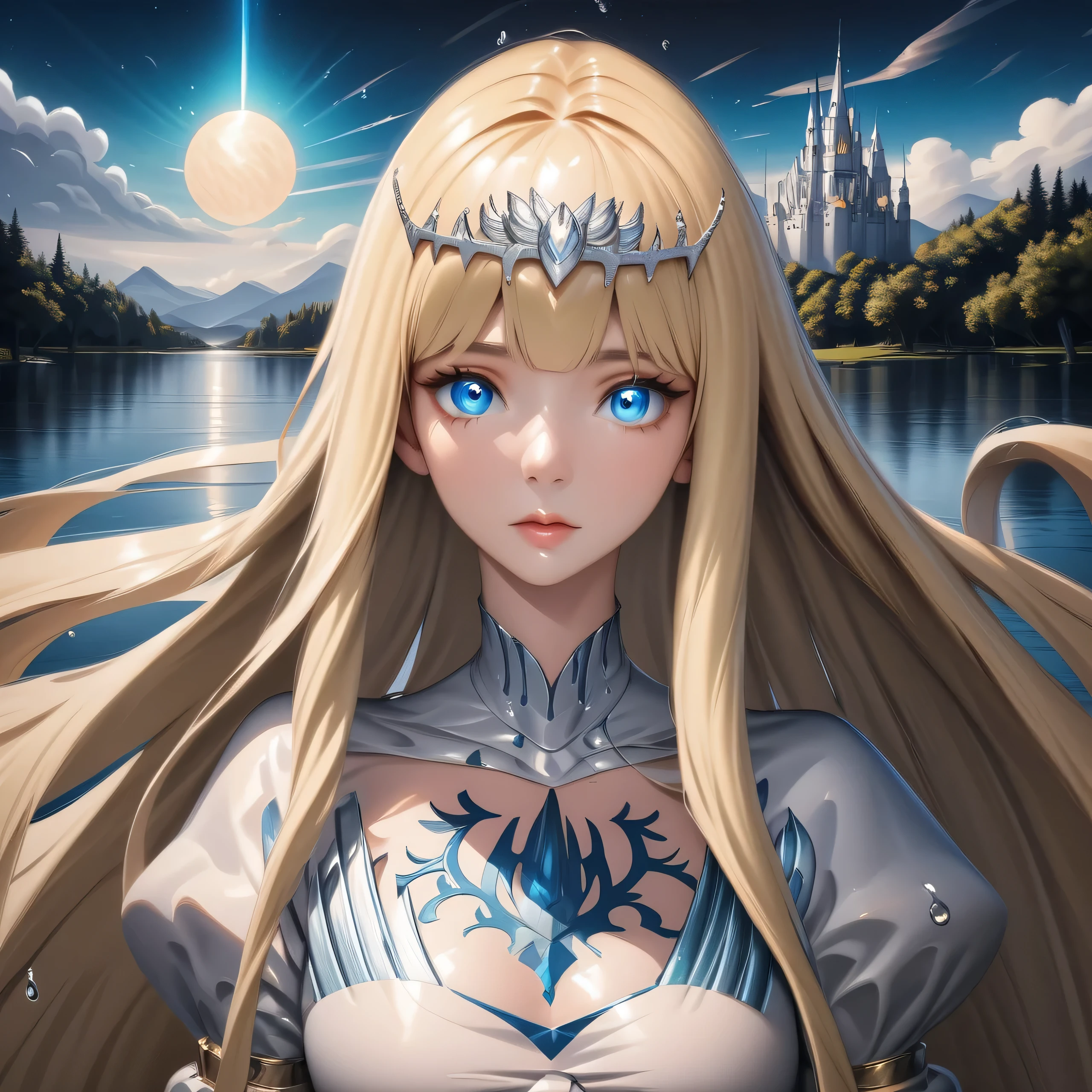 hyper detailed render style,glow,yellow,blue,brush,surreal oil painting,shiny eyes, upper body focus, exaggerated perspective,tyndall effect, water drops, mother of pearl iridescence, holographic white, beautiful background, 1girl, solo, Calca, Calca Bessarez, blonde hair, extremely long hair, very long hair, white tiara, silver tiara, white dress, blue eyes, medium chest, short neck, castle background