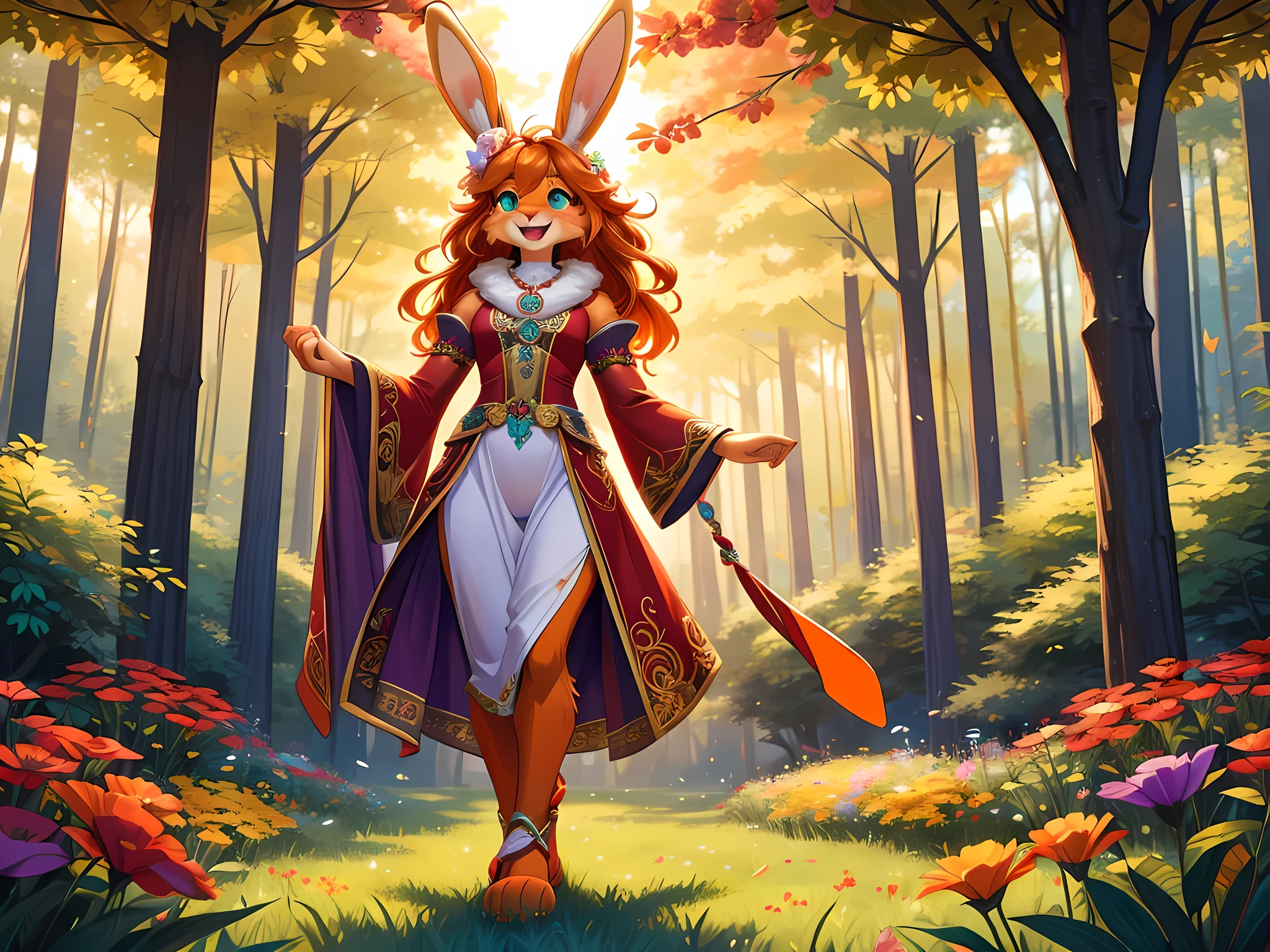 bright colors, fantasy style art, beautiful anthropomorphic female bunny, mature and young, tall character, 5 feet 11 inches tall, fluffy bunny fur, furry fluffy skin, bunny paws, bunny feet, teal eyes, orange fur, furry orange skin, orange hands, orange bunny paws, orange bunny feet, long wavy bright orange hair, shapely body, skinny body, healthy body, purple and red warrior outfit, ornate red clothes, fancy purple patterns and symbols, 2 red dress coattails hanging down her sides, long draping red sleeves, poofy rabbit tail, standing in a lush fantasy forest, green trees, in the spring, beautiful spring forest, thick forest, colorful flowers scattered in the bushes, butterflies in the air, sunlight coming through the trees, smiling happily, excited expression, wide eyes, large smile open mouth, high quality digital art, 2k, professional illustration, highly detailed